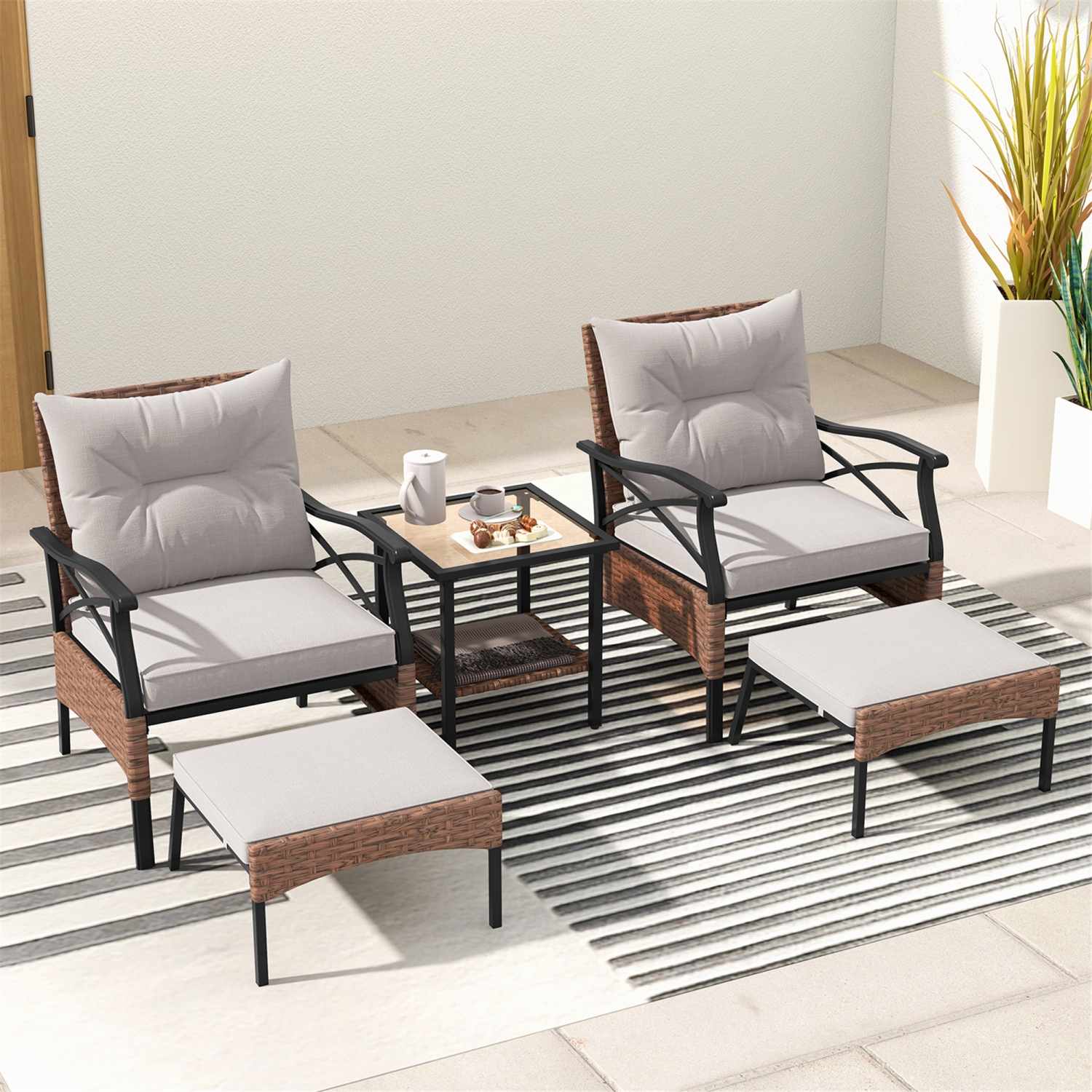 Gymax 5PCS Wicker Patio Furniture Set Rattan Chairs w/ 2-Tier Tempered Glass Side Table