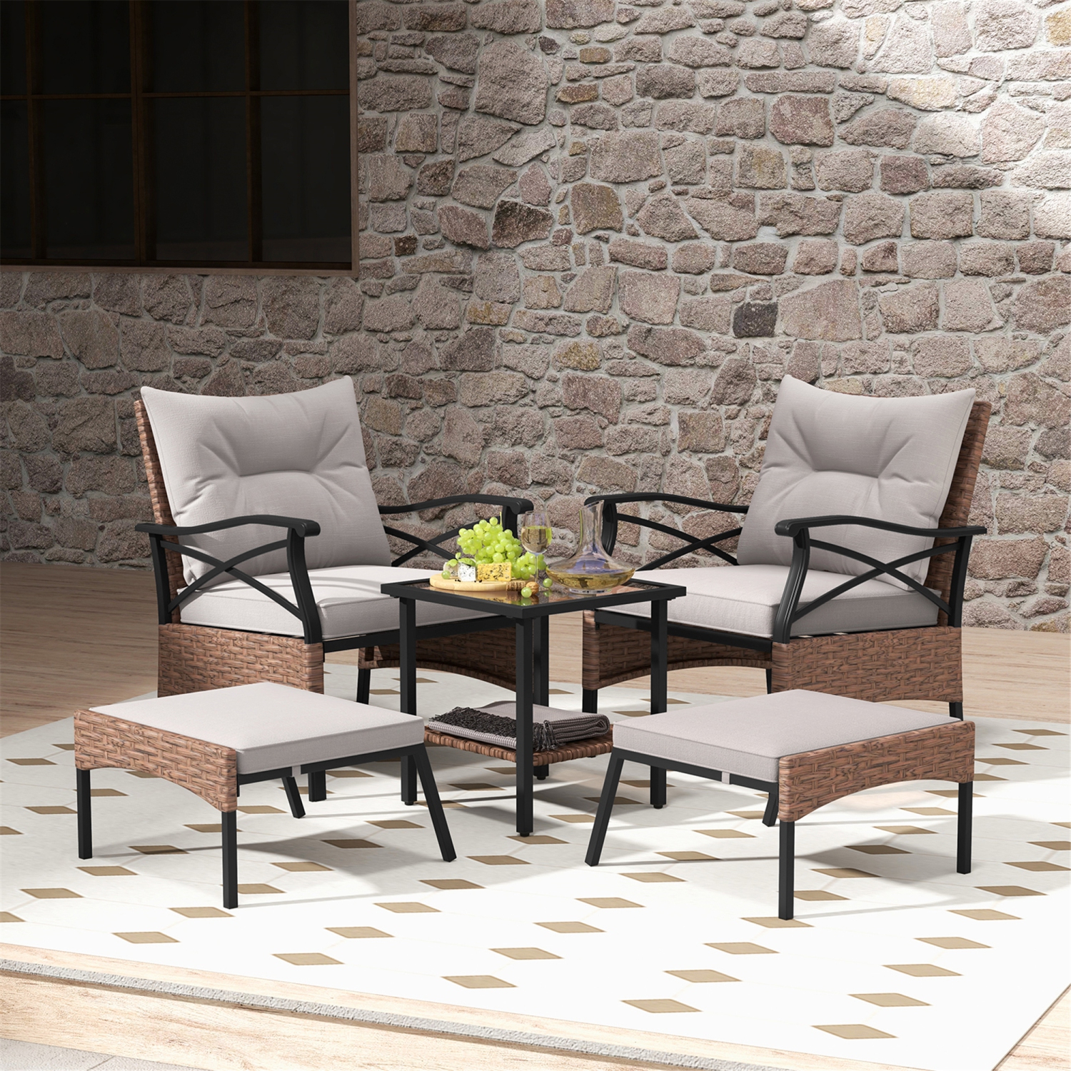Gymax 5PCS Wicker Patio Furniture Set Rattan Chairs w/ 2-Tier Tempered Glass Side Table