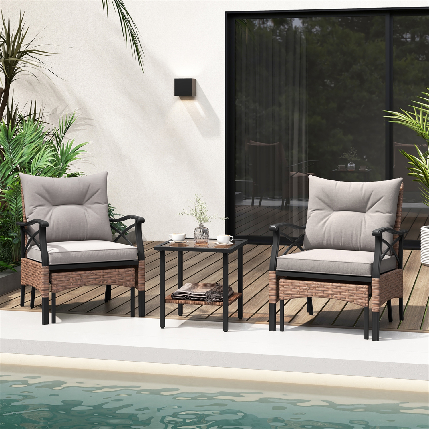 Gymax 5PCS Wicker Patio Furniture Set Rattan Chairs w/ 2-Tier Tempered Glass Side Table