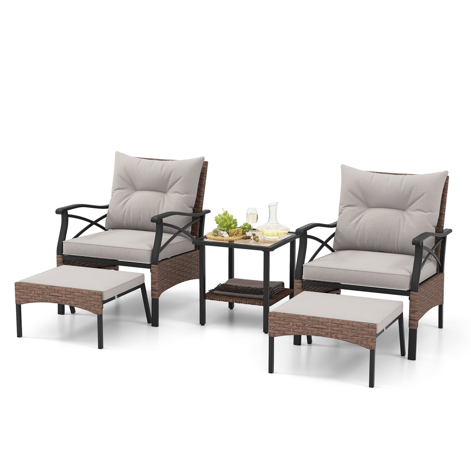 Gymax 5PCS Wicker Patio Furniture Set Rattan Chairs w/ 2-Tier Tempered Glass Side Table