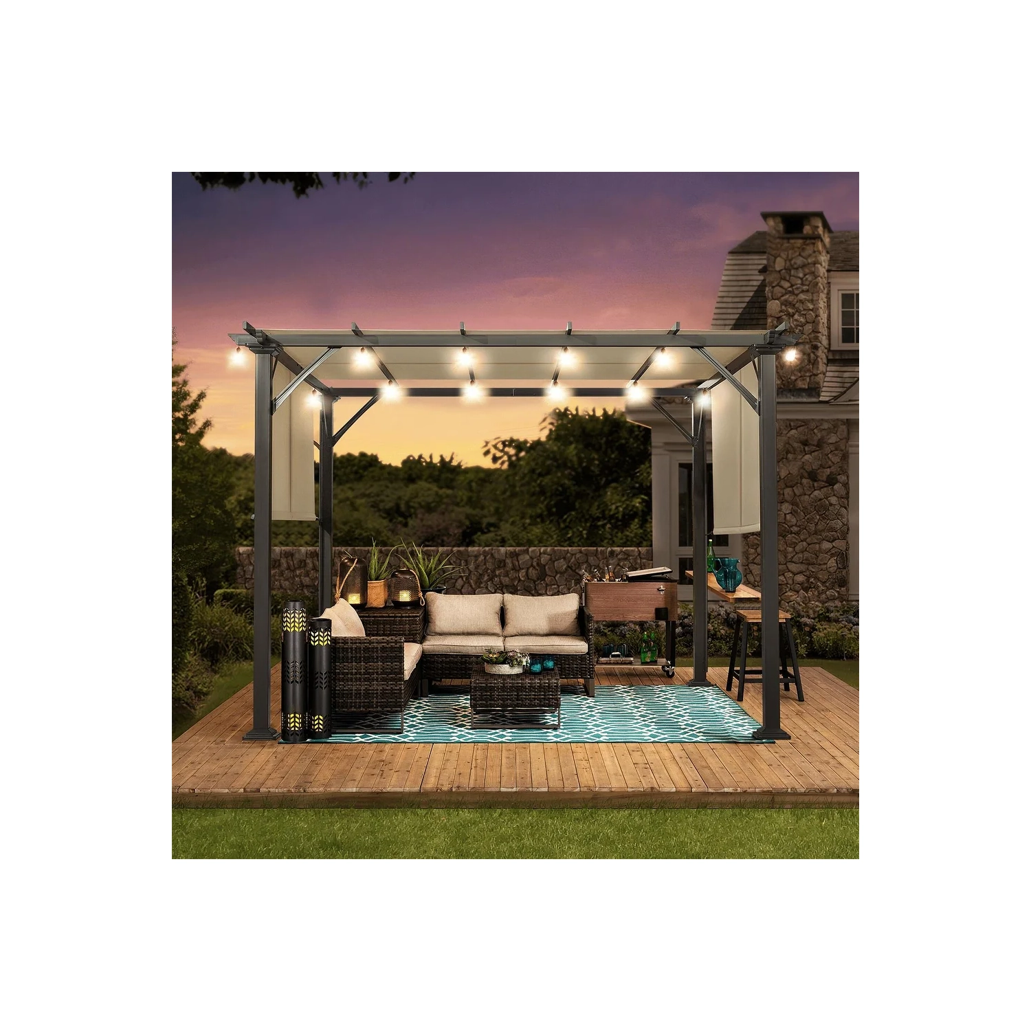 Pergola d'extérieur Erommy de 10 x 10 pi, abris de jardin avec cadre et abat-jour en acier, noir