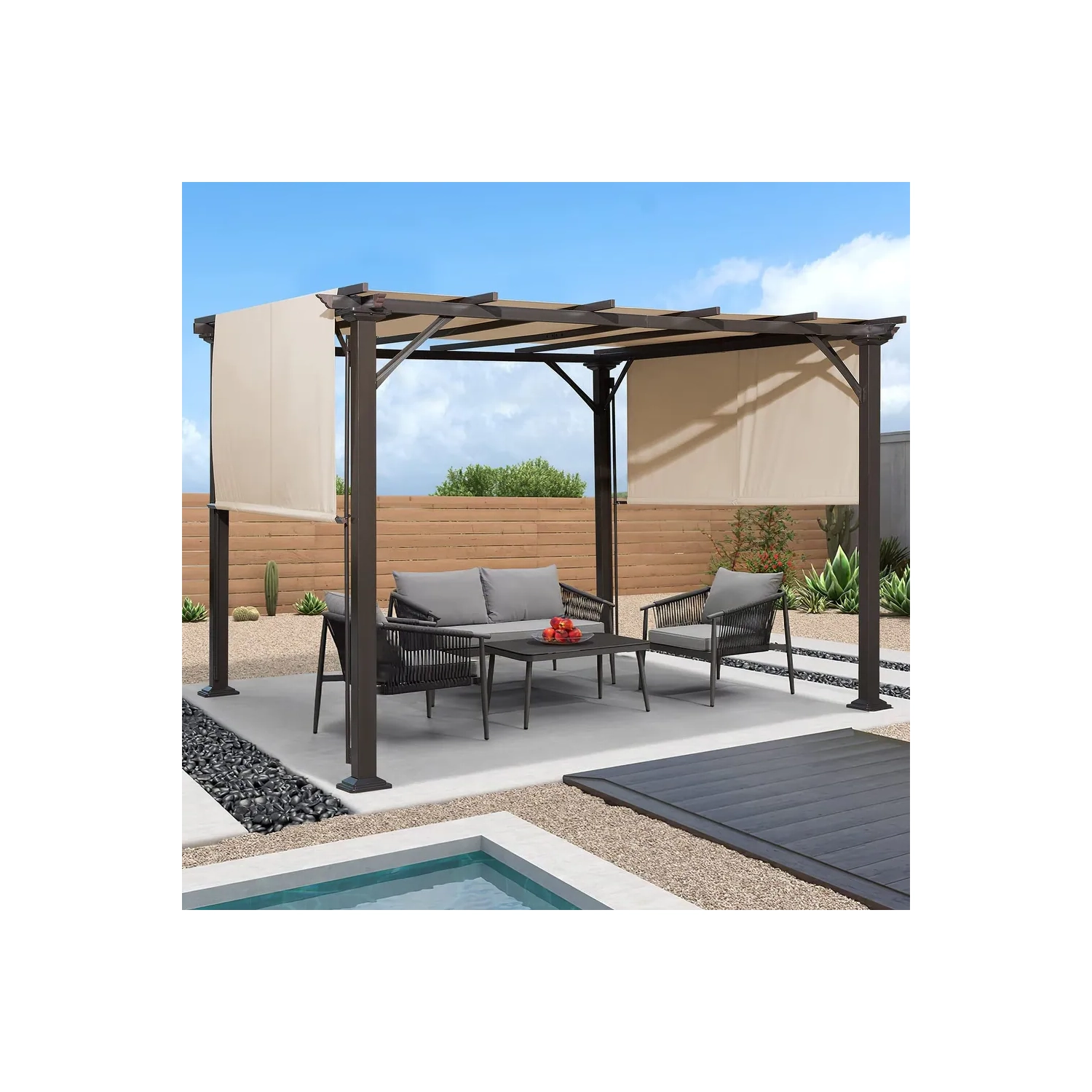 Pergola d'extérieur Erommy de 10 x 10 pi, abris de jardin avec cadre et abat-jour en acier, noir