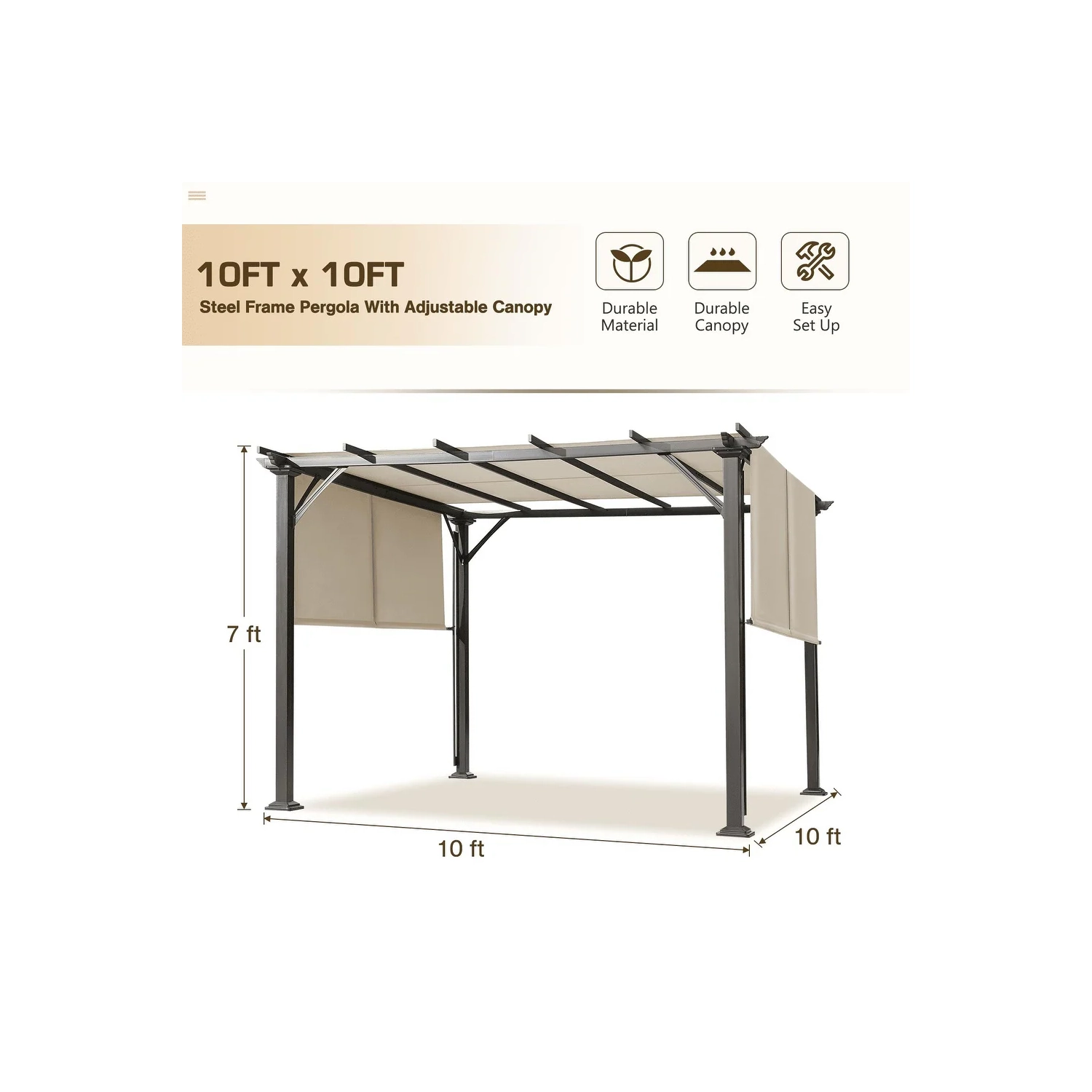 Pergola d'extérieur Erommy de 10 x 10 pi, abris de jardin avec cadre et abat-jour en acier, noir
