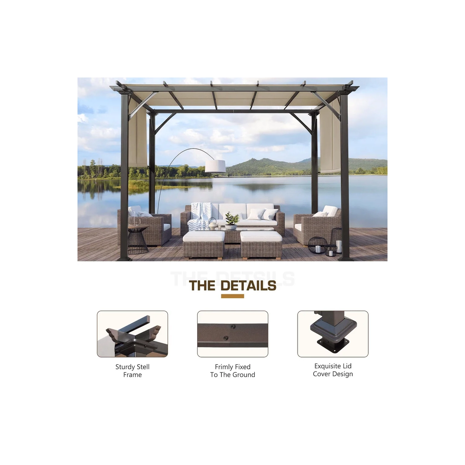 Pergola d'extérieur Erommy de 10 x 10 pi, abris de jardin avec cadre et abat-jour en acier, noir