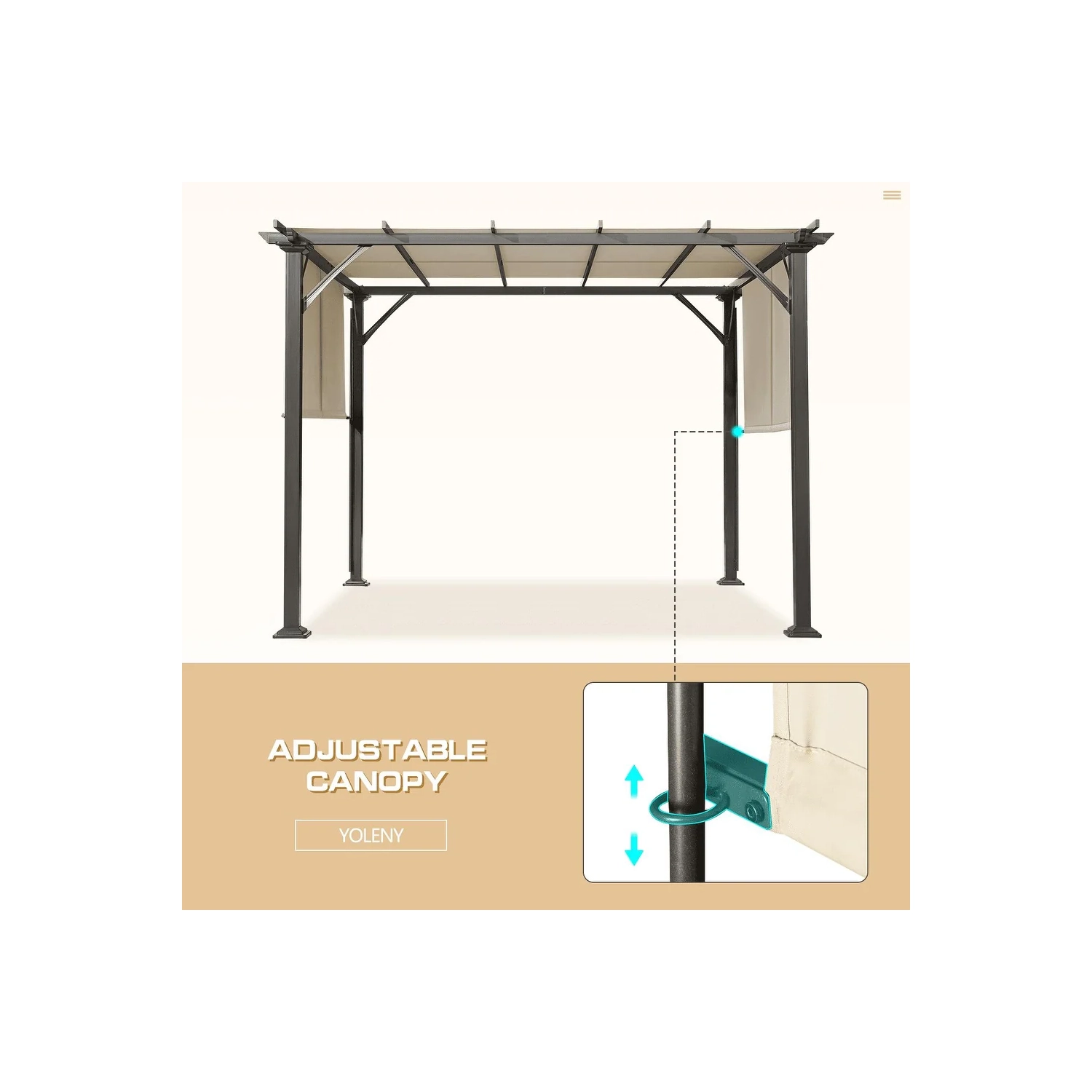Pergola d'extérieur Erommy de 10 x 10 pi, abris de jardin avec cadre et abat-jour en acier, noir