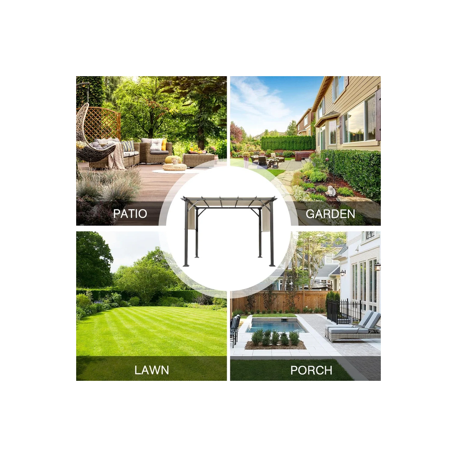 Pergola d'extérieur Erommy de 10 x 10 pi, abris de jardin avec cadre et abat-jour en acier, noir