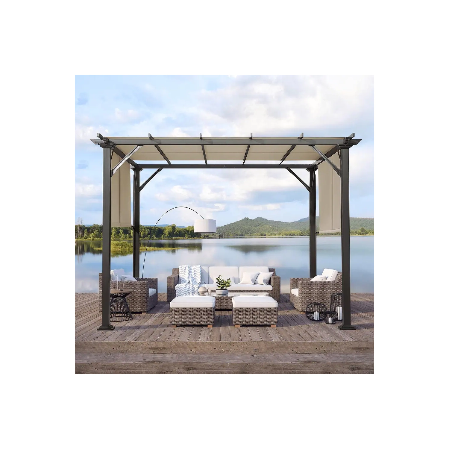 Pergola d'extérieur Erommy de 10 x 10 pi, abris de jardin avec cadre et abat-jour en acier, noir