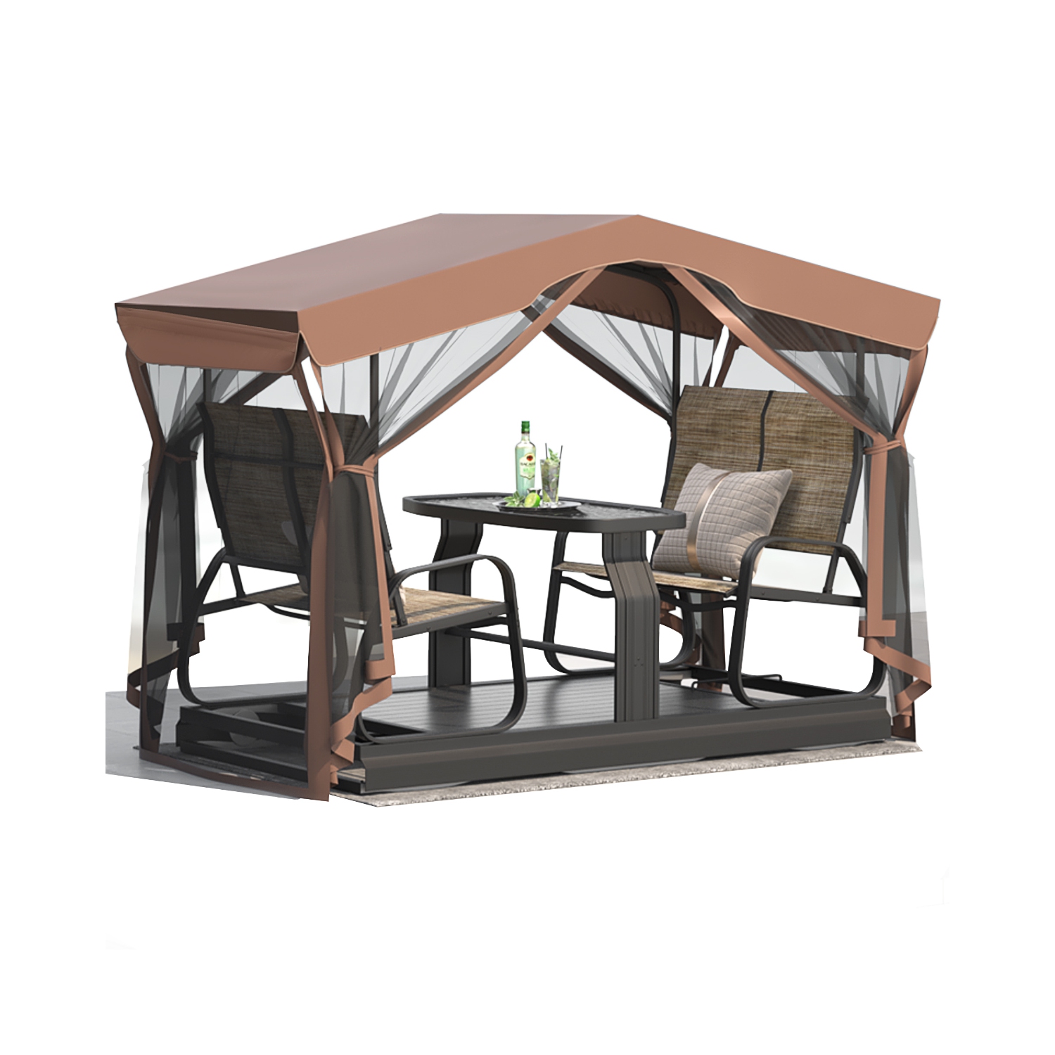 Bancs coulissants pour l'extérieur avec auvent et moustiquaire de 42 po x 88 po d'Erommy avec cadre en aluminium, 4 chaises berçantes de patio – Brun