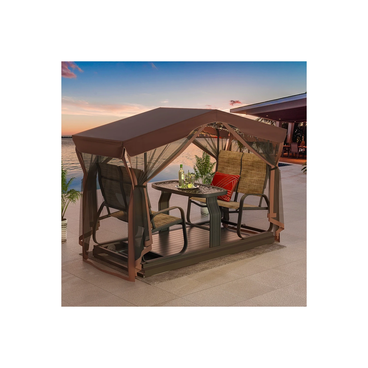 Bancs coulissants pour l'extérieur avec auvent et moustiquaire de 42 po x 88 po d'Erommy avec cadre en aluminium, 4 chaises berçantes de patio – Brun