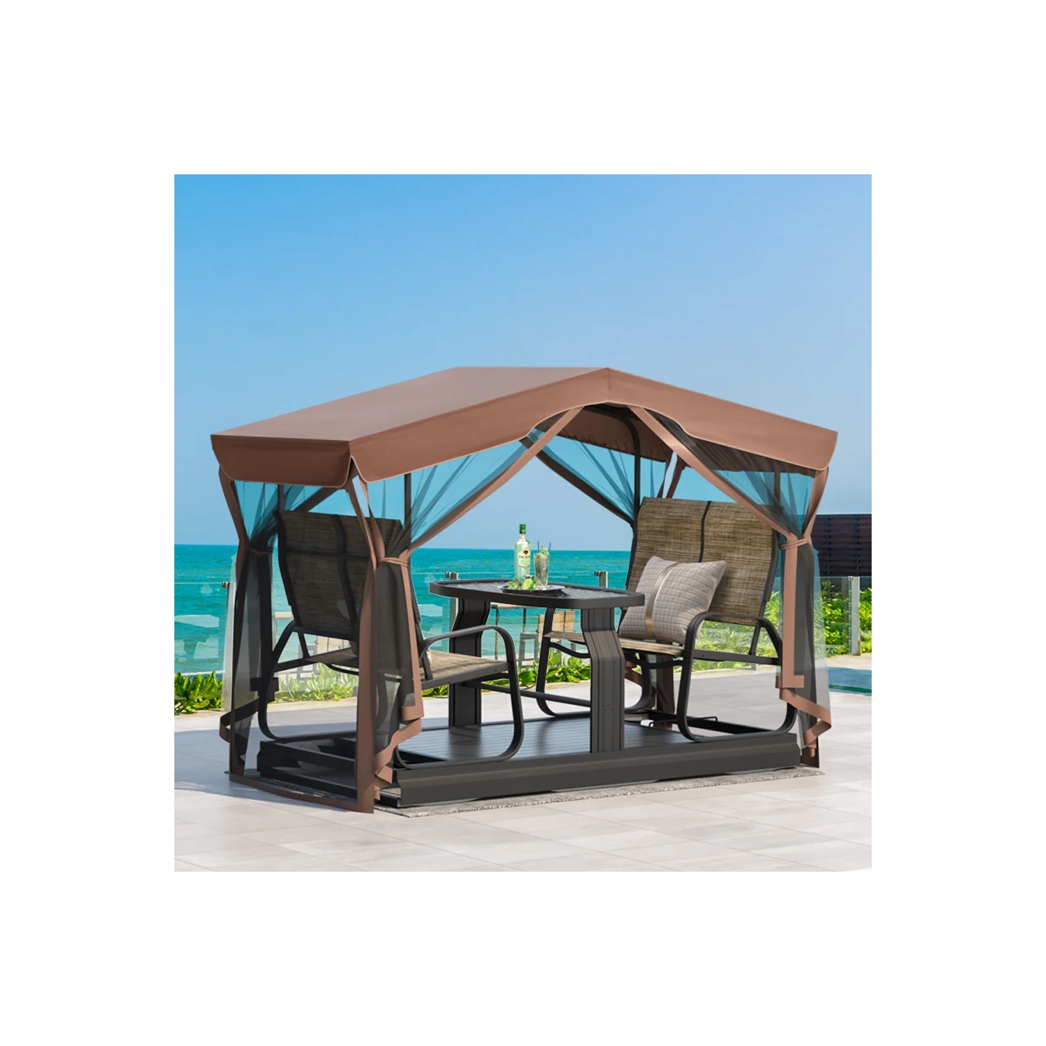 Bancs coulissants pour l'extérieur avec auvent et moustiquaire de 42 po x 88 po d'Erommy avec cadre en aluminium, 4 chaises berçantes de patio – Brun