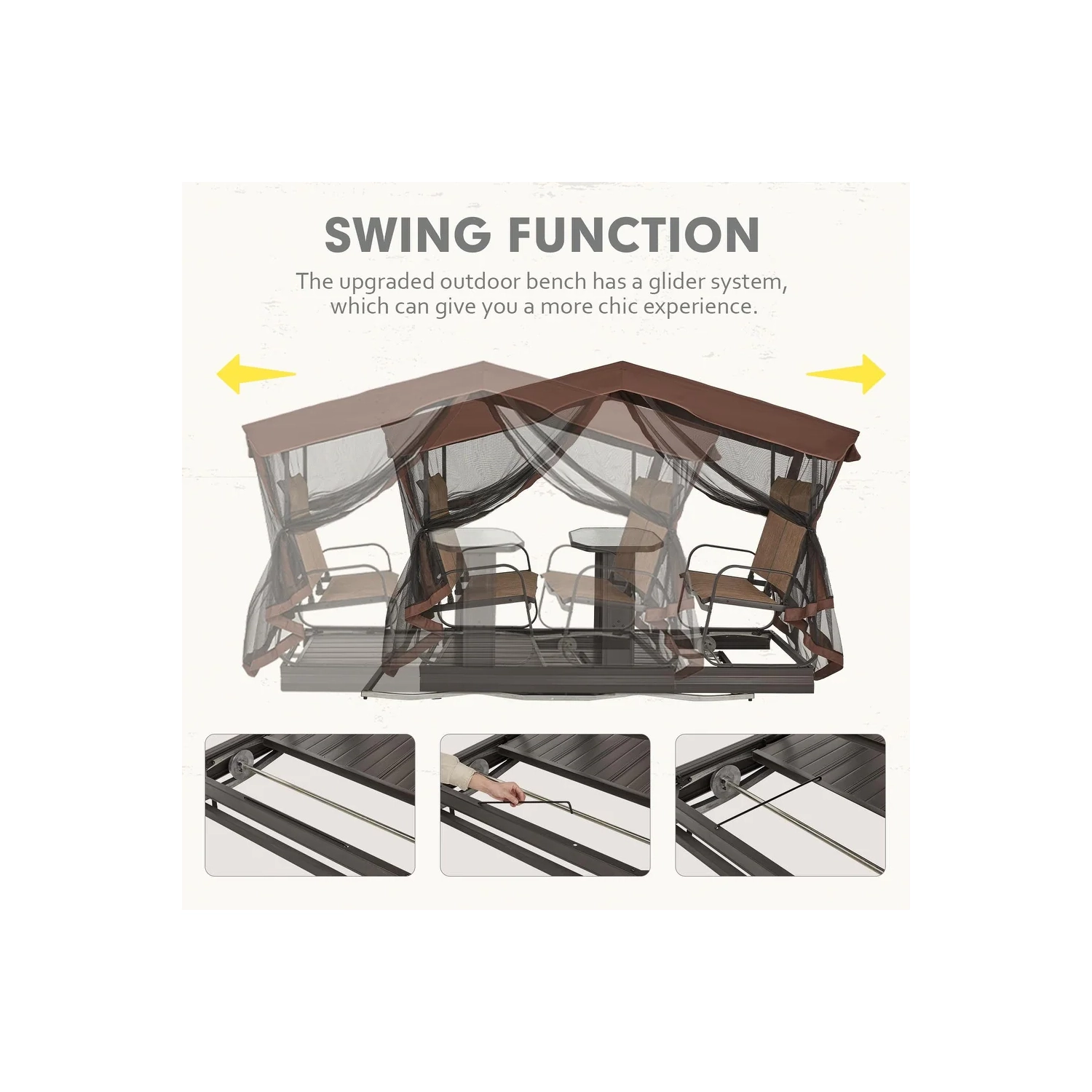 Bancs coulissants pour l'extérieur avec auvent et moustiquaire de 42 po x 88 po d'Erommy avec cadre en aluminium, 4 chaises berçantes de patio – Brun