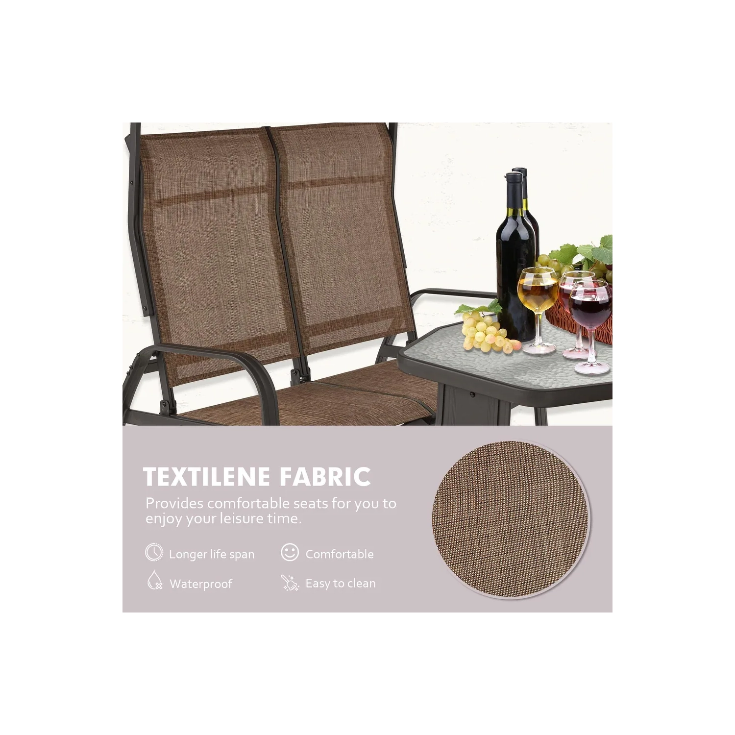 Bancs coulissants pour l'extérieur avec auvent et moustiquaire de 42 po x 88 po d'Erommy avec cadre en aluminium, 4 chaises berçantes de patio – Brun