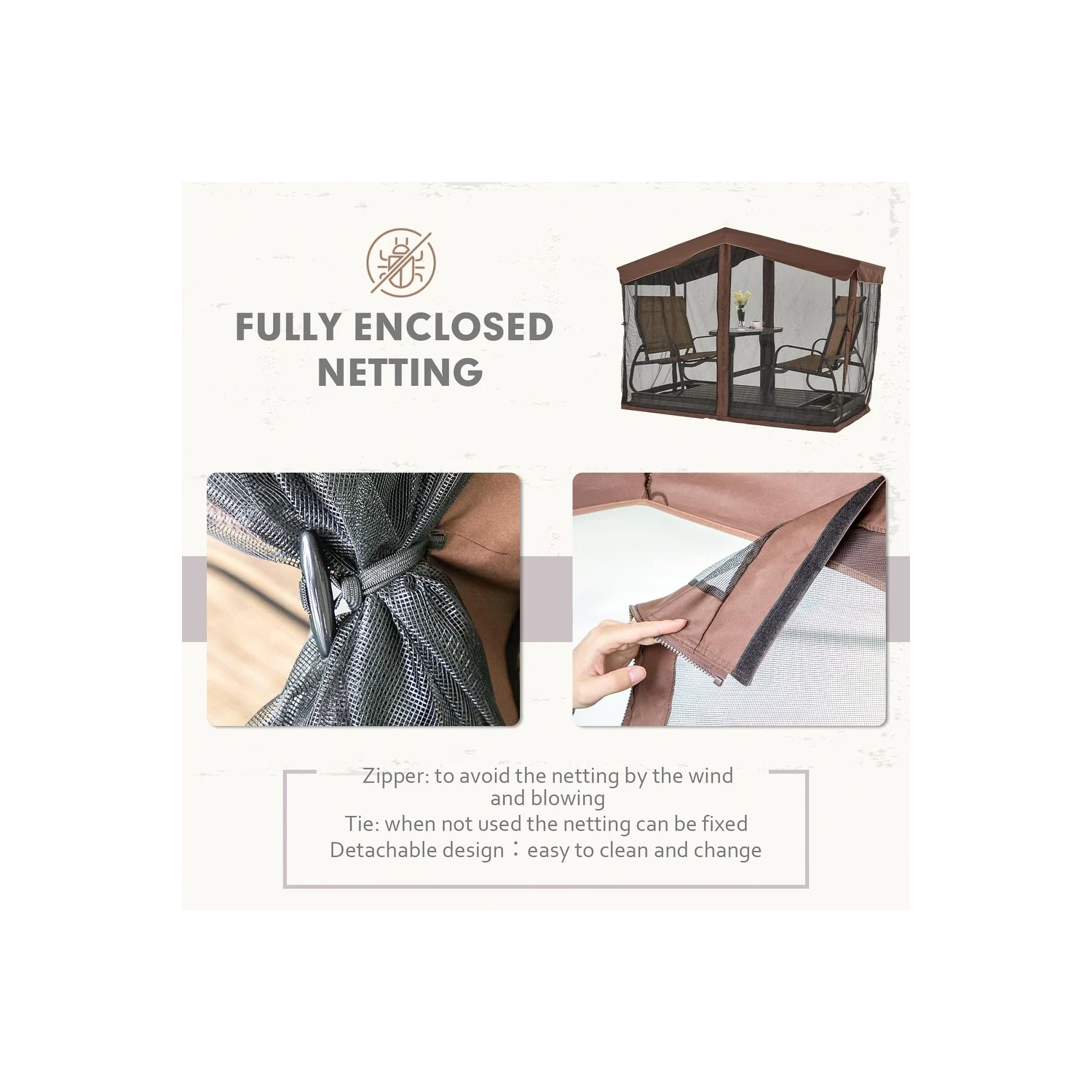 Bancs coulissants pour l'extérieur avec auvent et moustiquaire de 42 po x 88 po d'Erommy avec cadre en aluminium, 4 chaises berçantes de patio – Brun