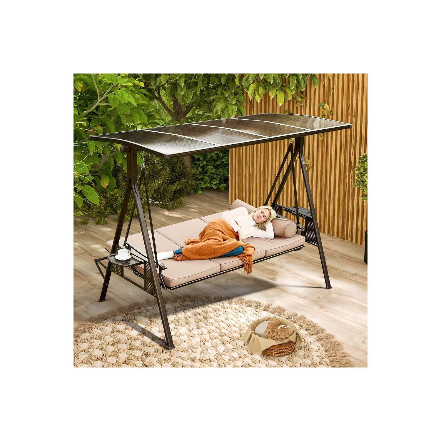 Balancelle pour patio d'extérieur de 50 x 83&nbsp;po Erommy, lit pivotant 3-en-1, dossier réglable, plateau rigide rotatif avec coussins et coussin -