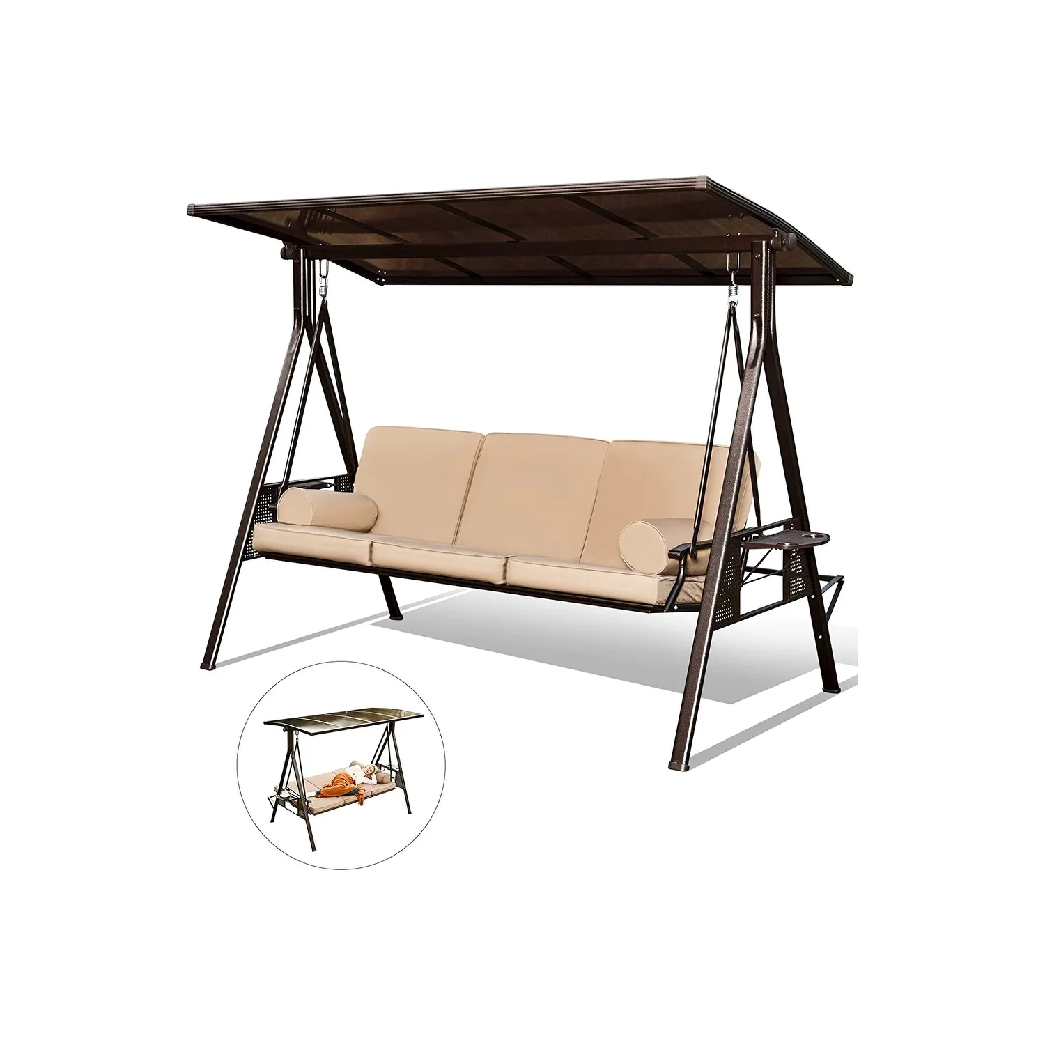 Balancelle pour patio d'extérieur de 50 x 83&nbsp;po Erommy, lit pivotant 3-en-1, dossier réglable, plateau rigide rotatif avec coussins et coussin -