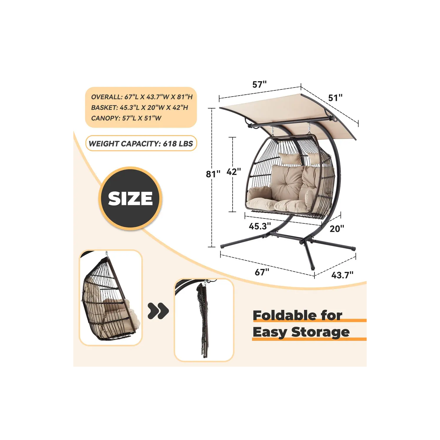 Causeuse d'extérieur Erommy 44 x 67&nbsp;po avec support, chaise pliante suspendue, coussin de hamac et auvent, chaise à double oeuf - Beige