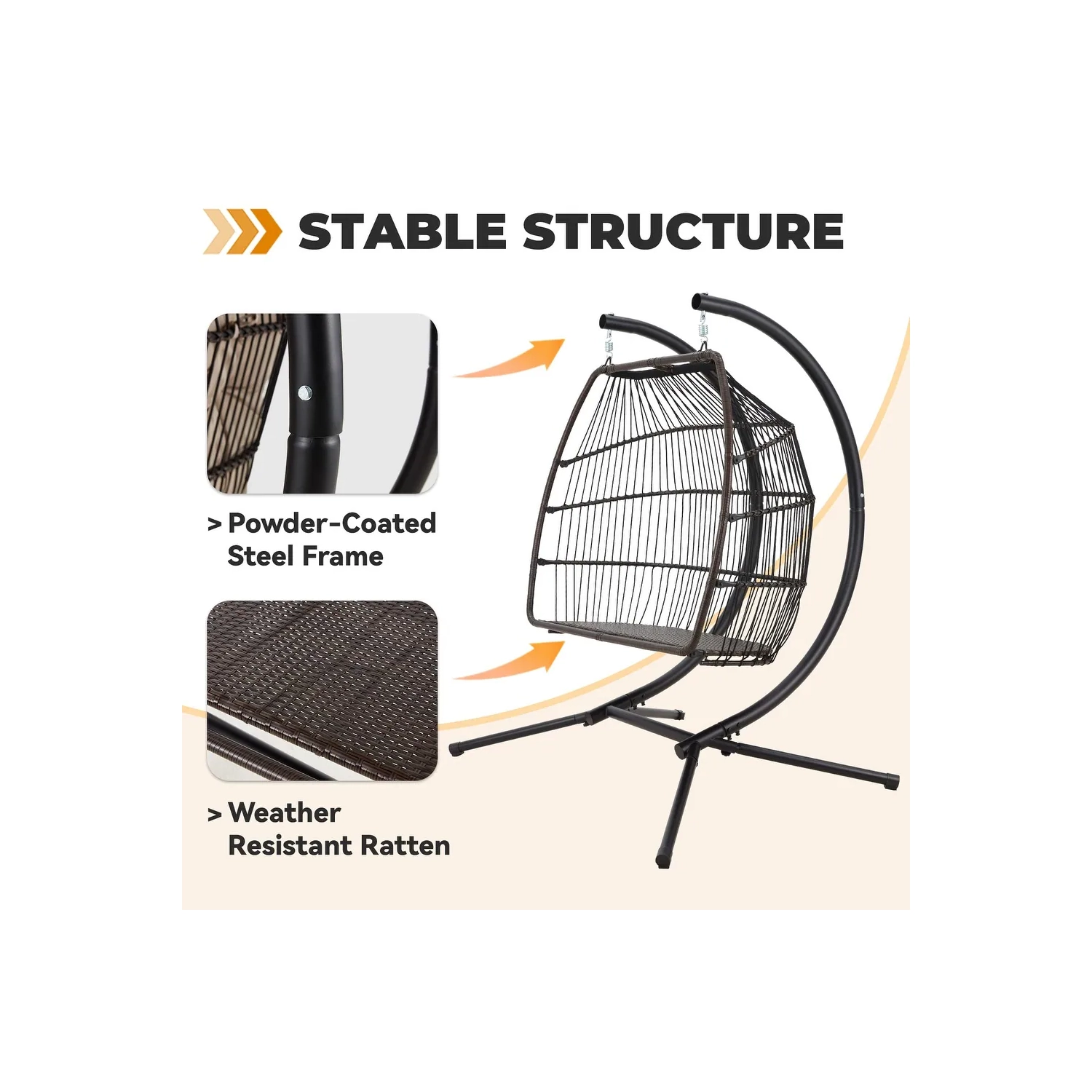 Causeuse d'extérieur Erommy 44 x 67&nbsp;po avec support, chaise pliante suspendue, coussin de hamac et auvent, chaise à double oeuf - Beige