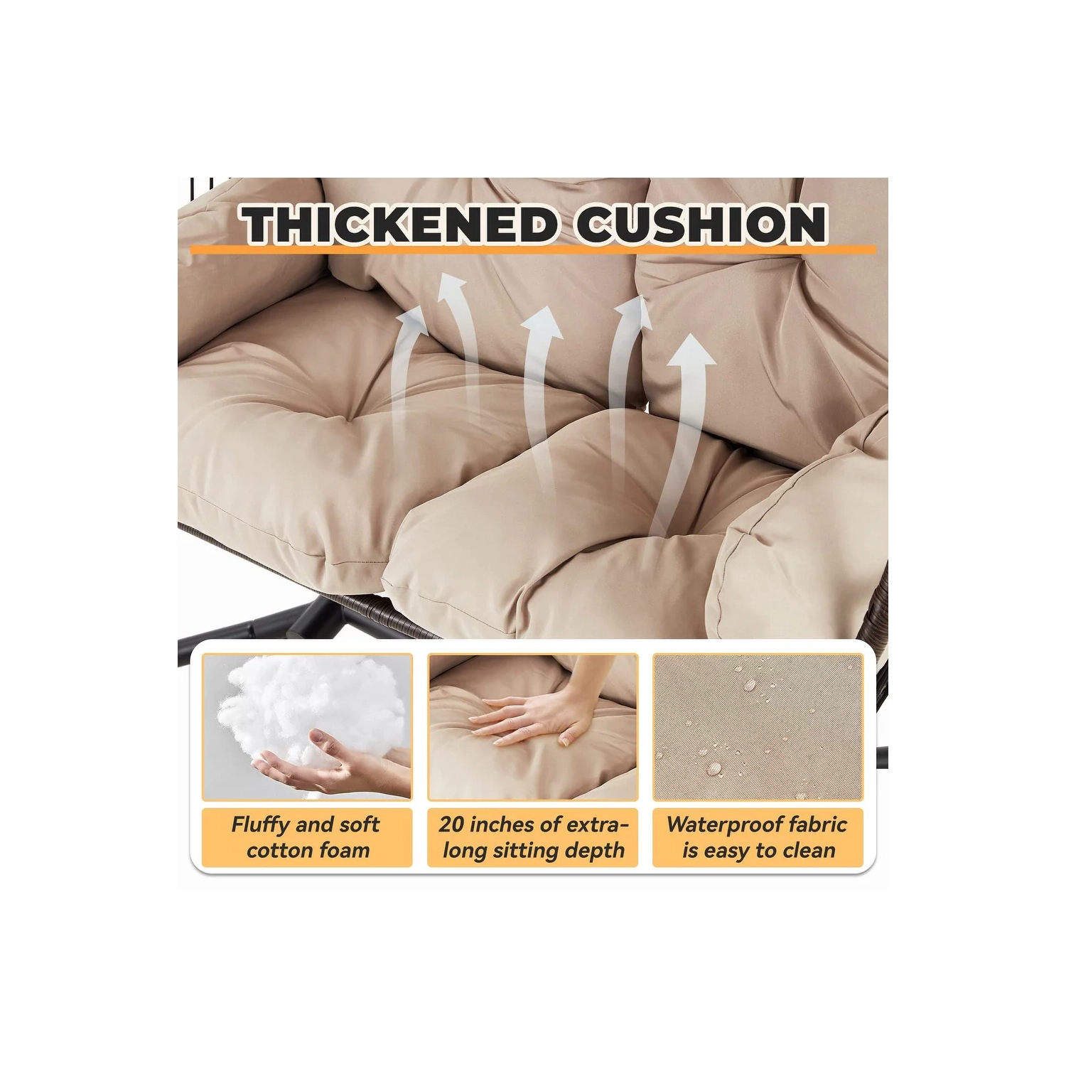 Causeuse d'extérieur Erommy 44 x 67&nbsp;po avec support, chaise pliante suspendue, coussin de hamac et auvent, chaise à double oeuf - Beige