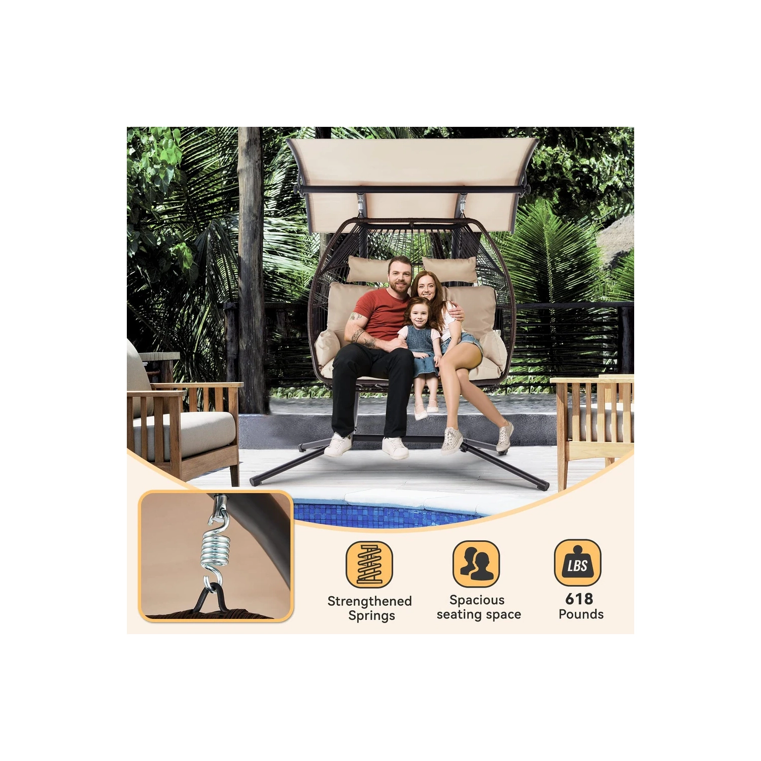 Causeuse d'extérieur Erommy 44 x 67&nbsp;po avec support, chaise pliante suspendue, coussin de hamac et auvent, chaise à double oeuf - Beige