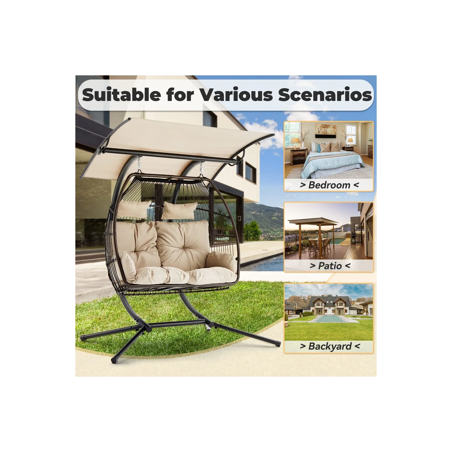 Causeuse d'extérieur Erommy 44 x 67&nbsp;po avec support, chaise pliante suspendue, coussin de hamac et auvent, chaise à double oeuf - Beige