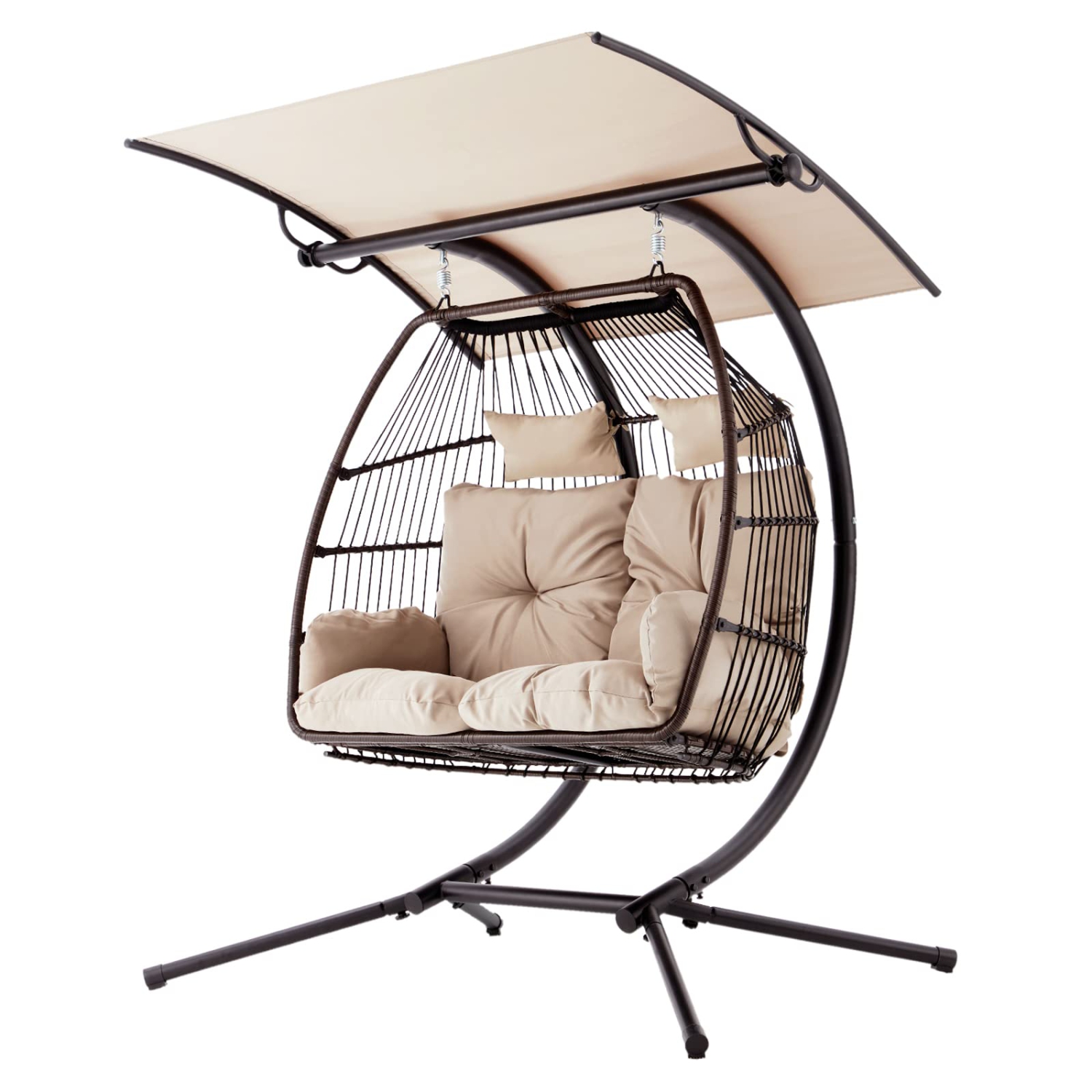 Causeuse d'extérieur Erommy 44 x 67&nbsp;po avec support, chaise pliante suspendue, coussin de hamac et auvent, chaise à double oeuf - Beige