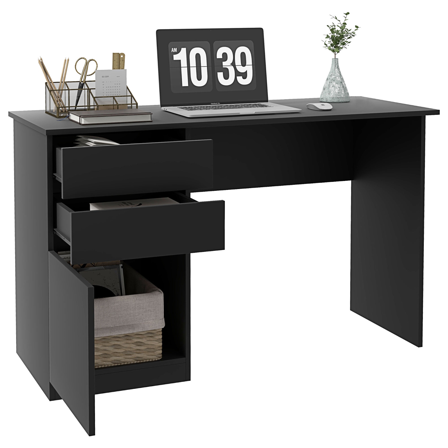 HOMCOM Modern Computer Desk, Home Office Desk for Study, Writing Workstation with Storage Drawer and Cabinet for Living Room, Black