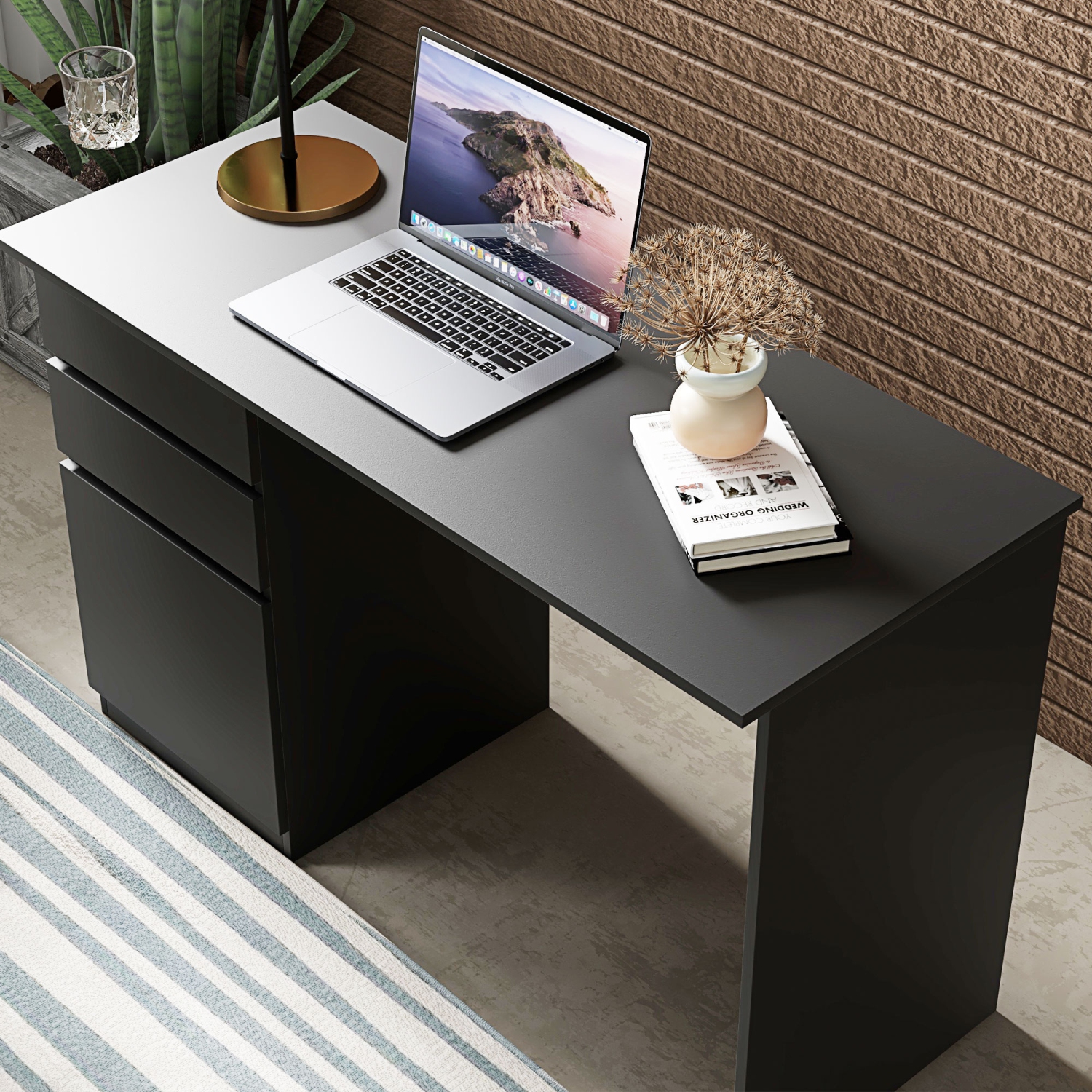 HOMCOM Modern Computer Desk, Home Office Desk for Study, Writing Workstation with Storage Drawer and Cabinet for Living Room, Black