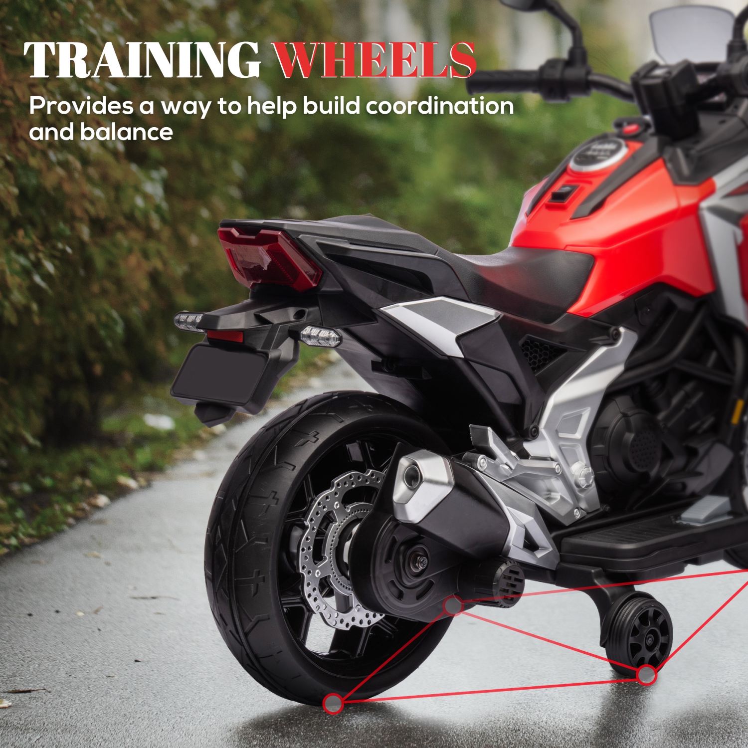 Qaba 12V Electric Motorcycle, Battery Powered Ride on Motorbike for Kids with Headlights Music Training Wheels, for 3-6 Years, Red