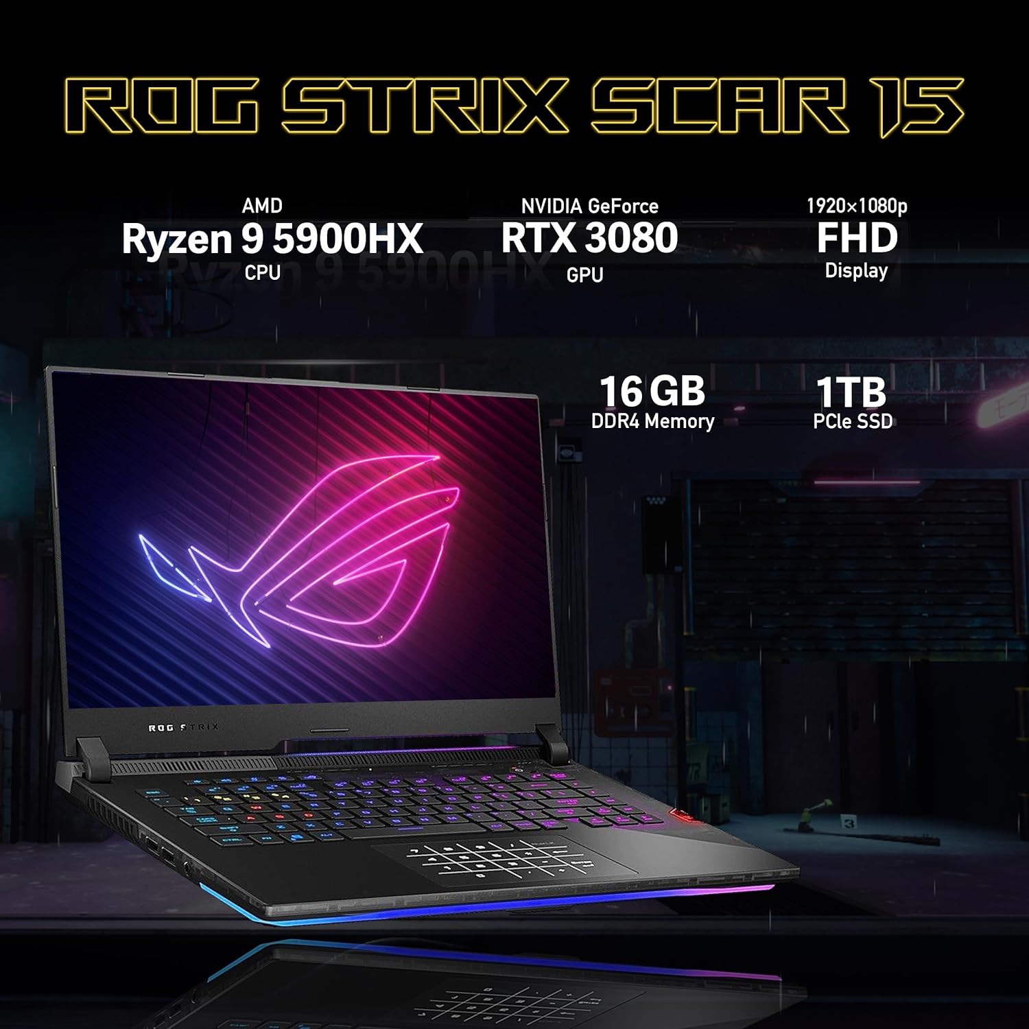 ASUS ROG Strix Scar 15 Gaming Laptop, 15.6" 300Hz IPS FHD Display, AMD Ryzen 9 5900HX, 1TB PCIe SSD, 16GB RAM, NVIDIA GeForce RTX 3080, Win 11 Pro,