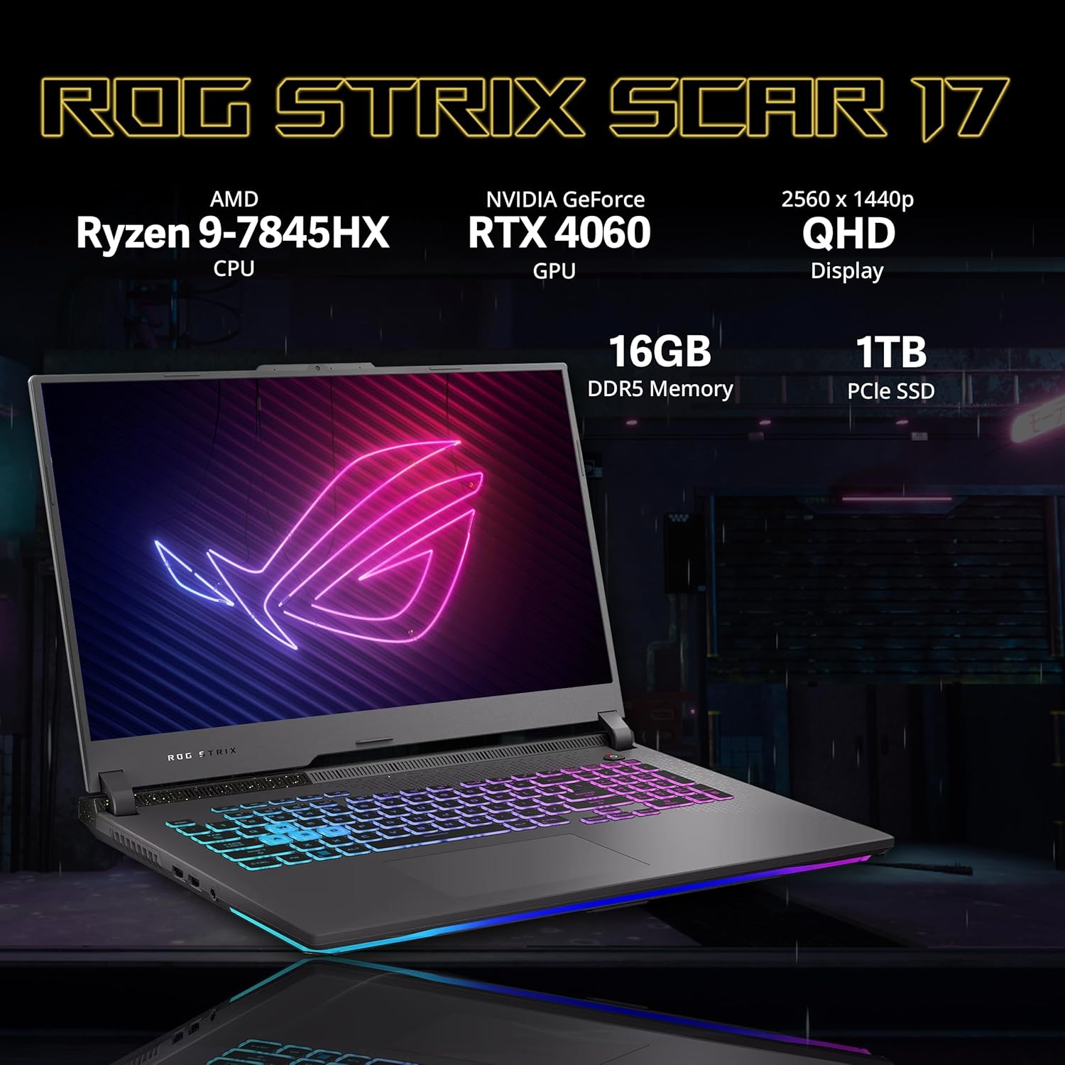 ASUS ROG Strix G17 Gaming Laptop, 17.3" QHD 240Hz Display, AMD Ryzen 9-7845HX, NVIDIA GeForce RTX 4060 GPU, 1TB SSD, 16GB DDR5 RAM, Windows 11 Pro,