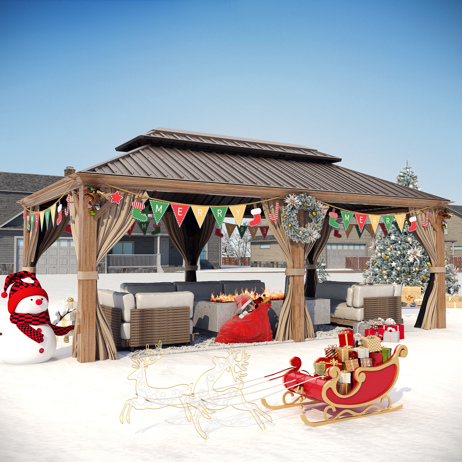 Abri de jardin extérieur Erommy à toit rigide de 12 x 20 pi avec double toit en acier galvanisé et cadre en aluminium, pergola d'extérieur avec