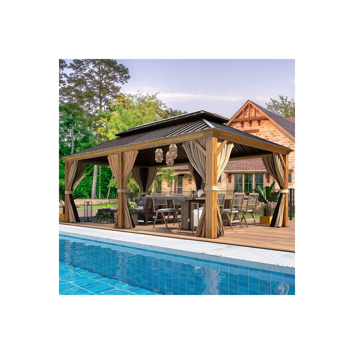 Abri de jardin extérieur Erommy à toit rigide de 12 x 20 pi avec double toit en acier galvanisé et cadre en aluminium, pergola d'extérieur avec