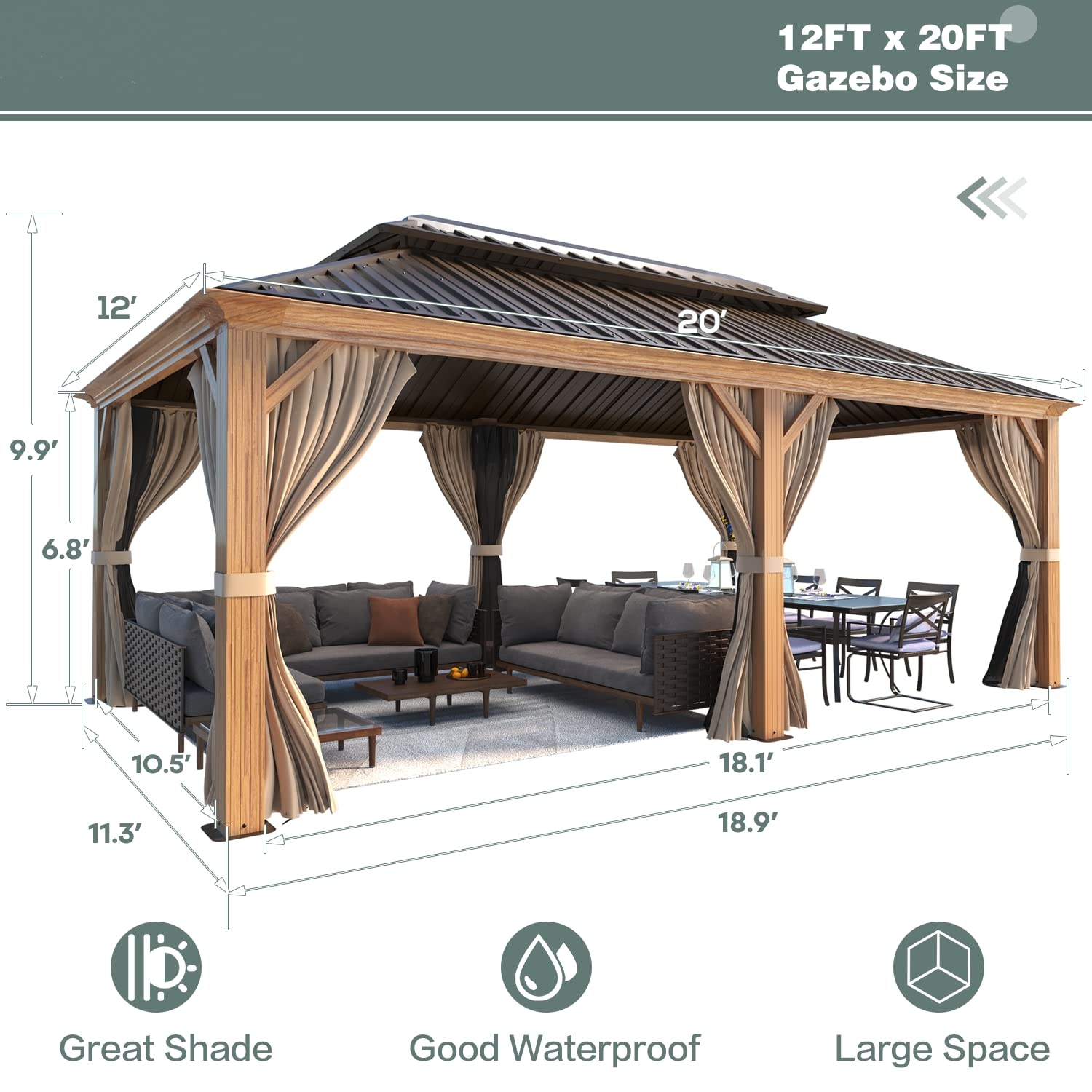 Abri de jardin extérieur Erommy à toit rigide de 12 x 20 pi avec double toit en acier galvanisé et cadre en aluminium, pergola d'extérieur avec