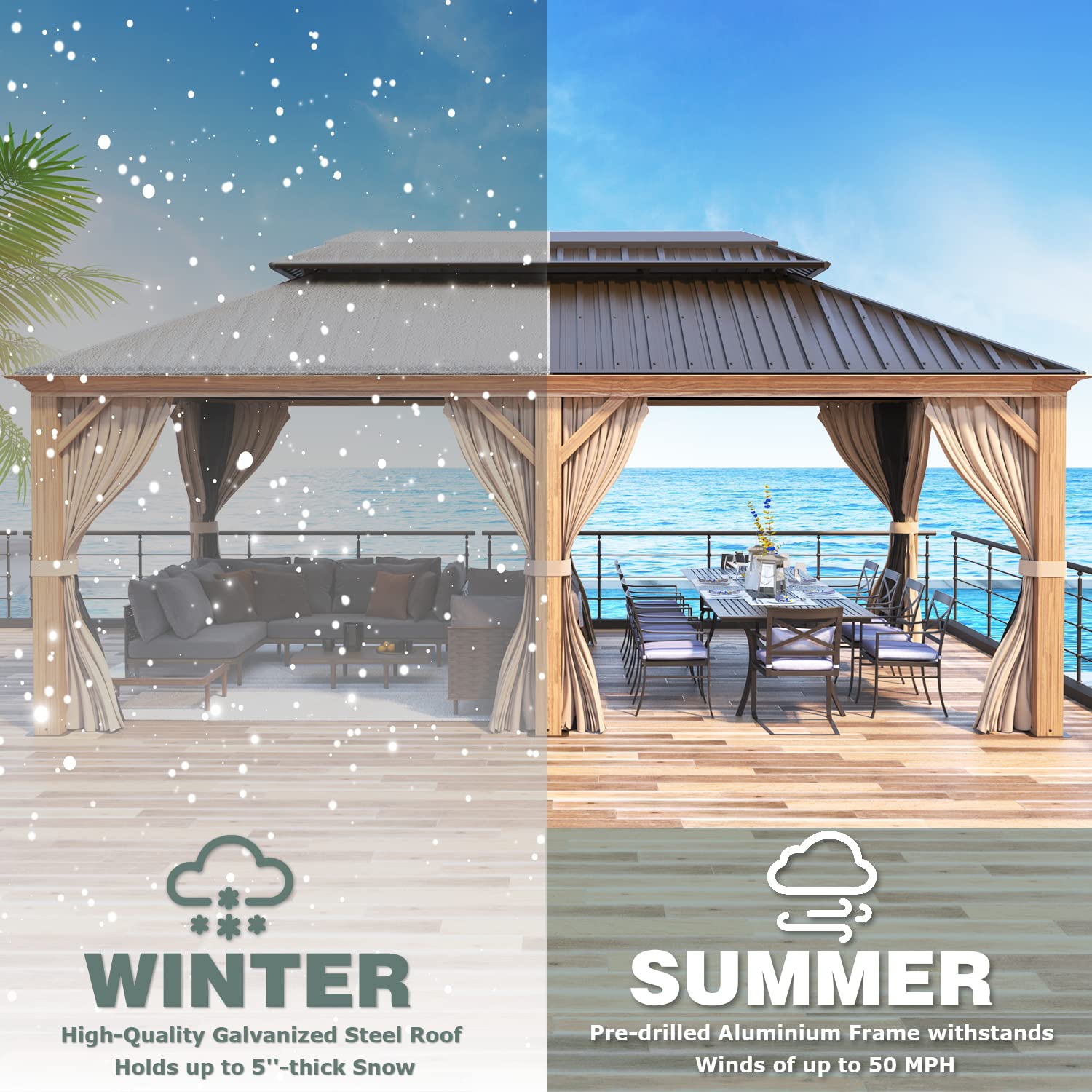 Abri de jardin extérieur Erommy à toit rigide de 12 x 20 pi avec double toit en acier galvanisé et cadre en aluminium, pergola d'extérieur avec