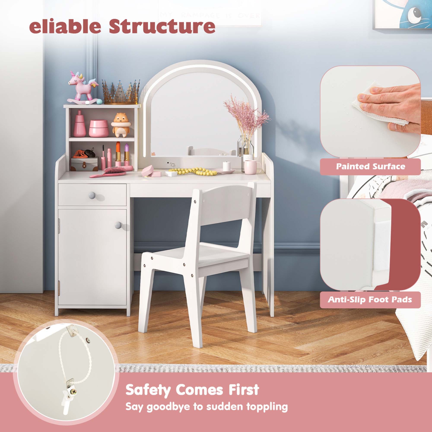 Costway Kid Vanity Table Chair Set 2-Color LED Lights Large Drawer Shelf Cabinet