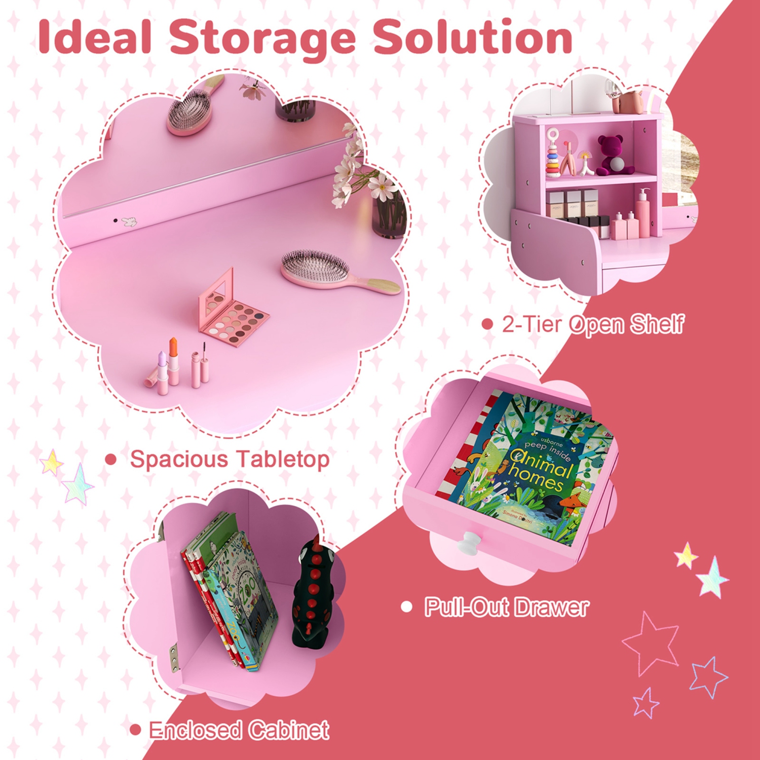 Costway Kid Vanity Table Chair Set 2-Color LED Lights Large Drawer Shelf Cabinet