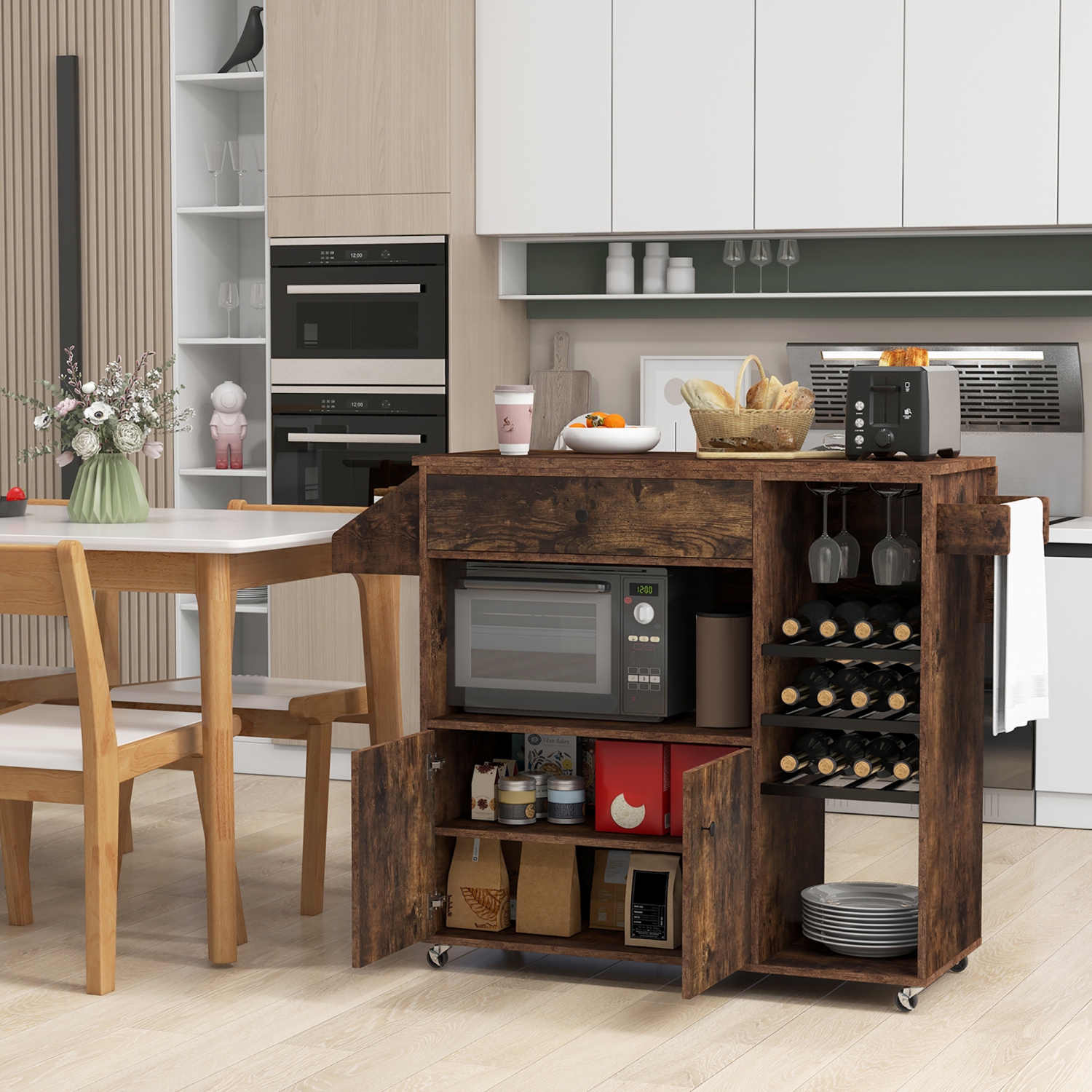 Gymax Kitchen Island Cart w/ Drop-Leaf & Power Outlet Microwave Shelf Wine Rack Drawer