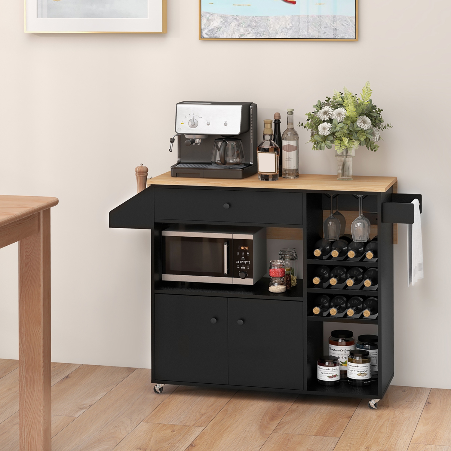Gymax Kitchen Island Cart w/ Drop-Leaf & Power Outlet Microwave Shelf Wine Rack Drawer