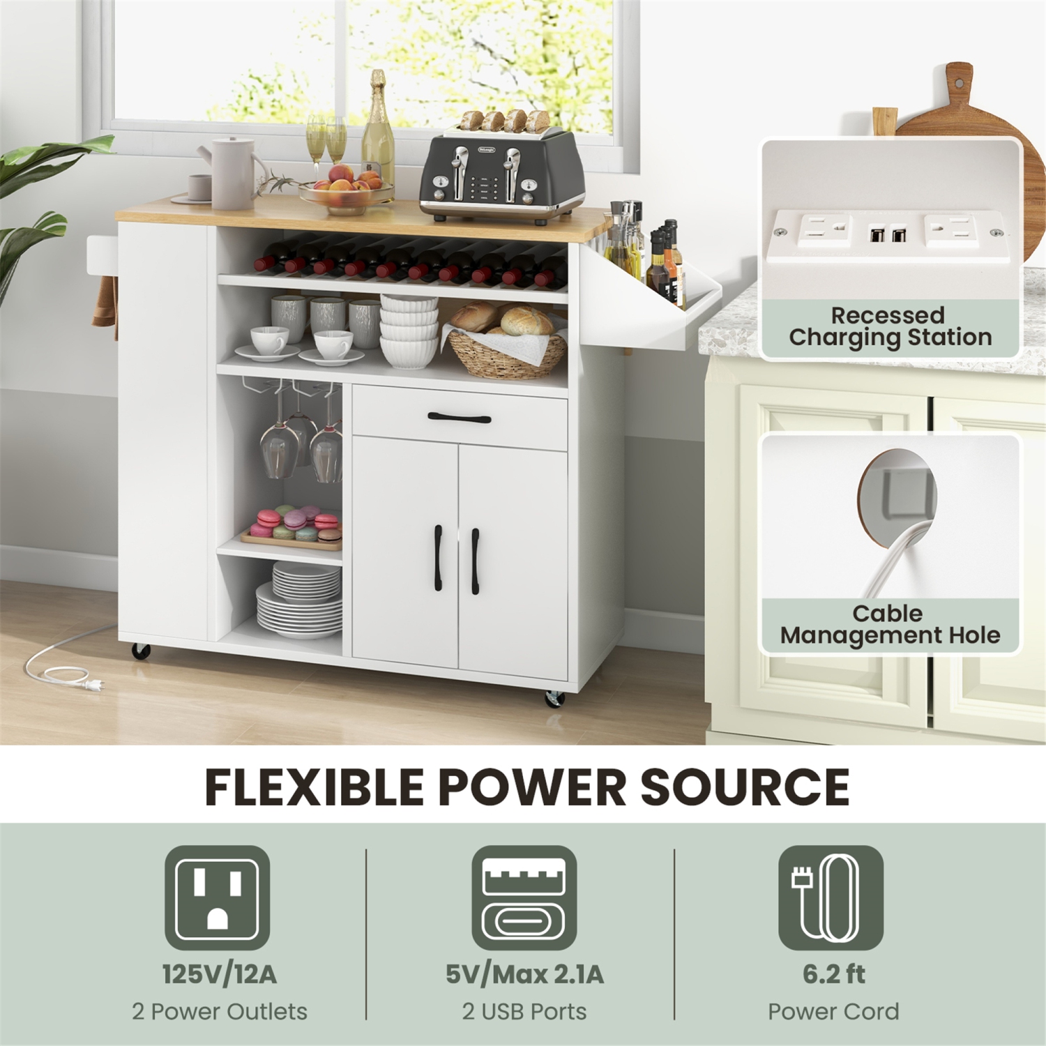 Gymax Drop-Leaf Kitchen Island Cart w/ Power Outlet Wine Rack Glass Holder Drawer