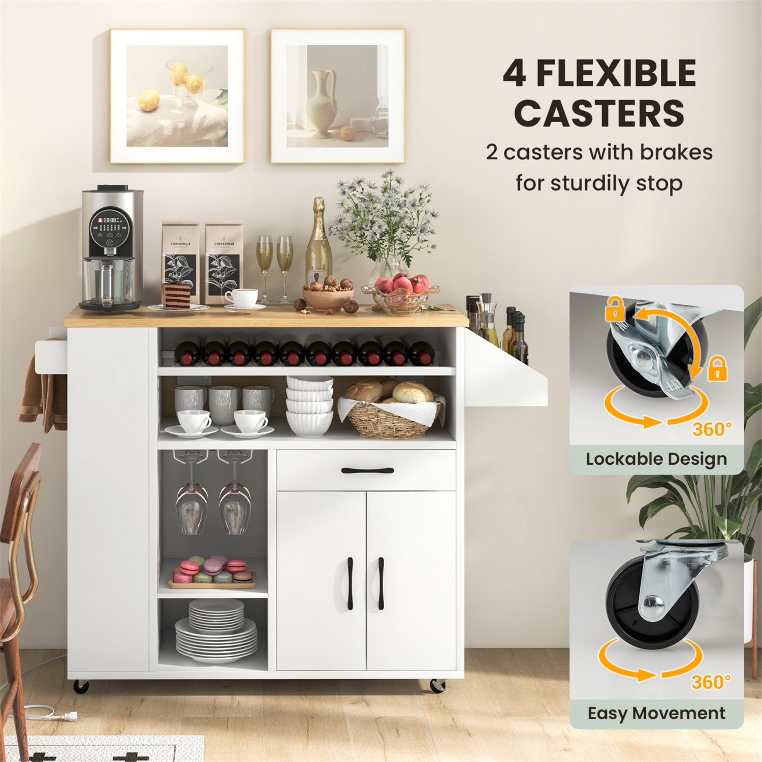 Gymax Drop-Leaf Kitchen Island Cart w/ Power Outlet Wine Rack Glass Holder Drawer