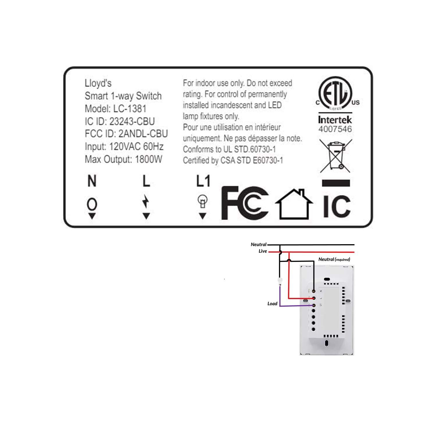 Commutateur Wi-Fi intelligent de Lloyd, compatible avec Alexa et Google Home, 100-240&nbsp;V~ 50/60&nbsp;Hz, 15&nbsp;A, verre trempé, couleur : Blanc.
