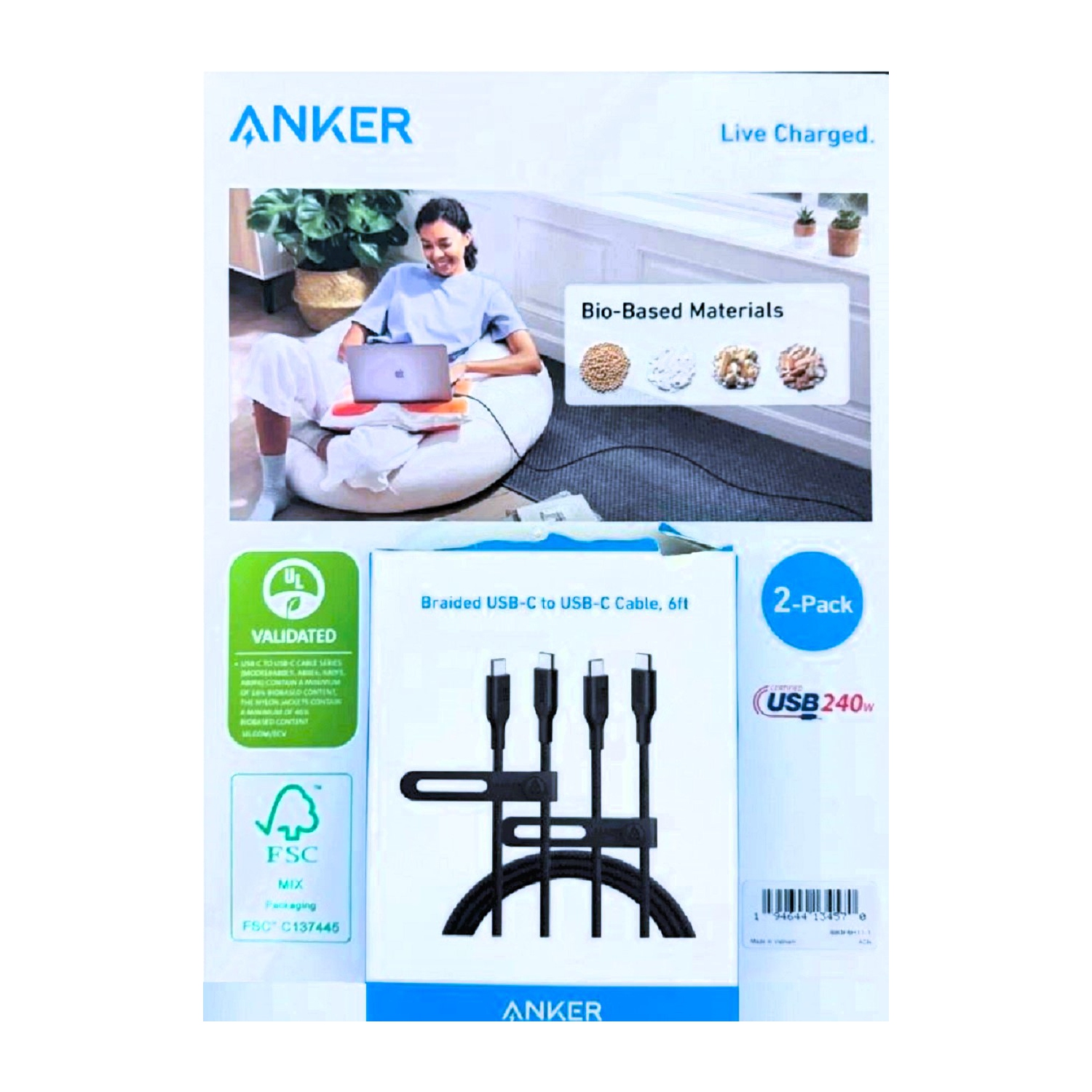 Open Box - Anker A80E6011 Anker Braided Durable Wireless Charger USB-C to USB-C Cable 6-Feet, 240W Fast Charge, 2-Pack