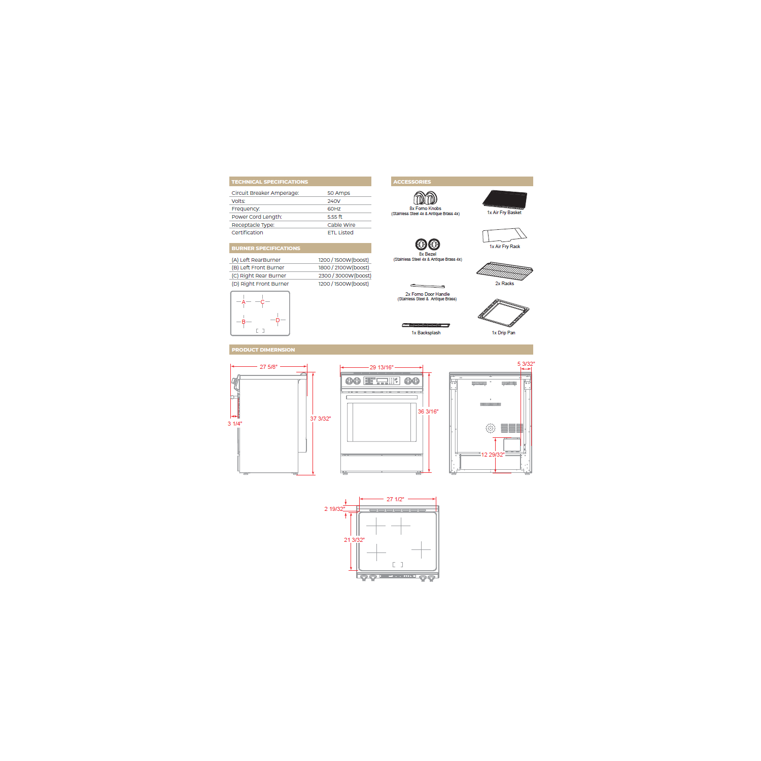 Forno Donatello – Cuisinière à induction encastrable de 30&nbsp;po, espresso, blanc