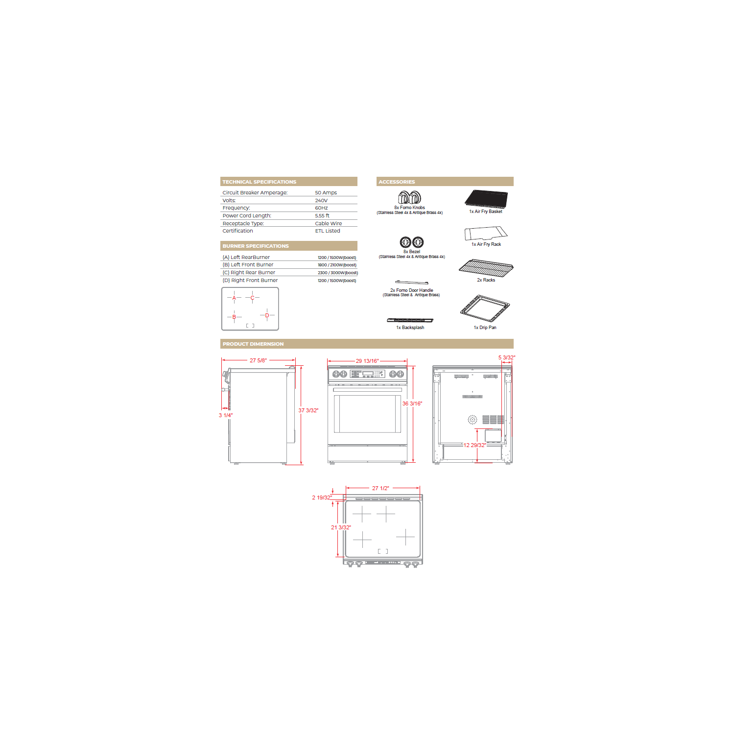 Forno Donatello – Cuisinière à induction encastrable espresso de 30&nbsp;po, acier inoxydable