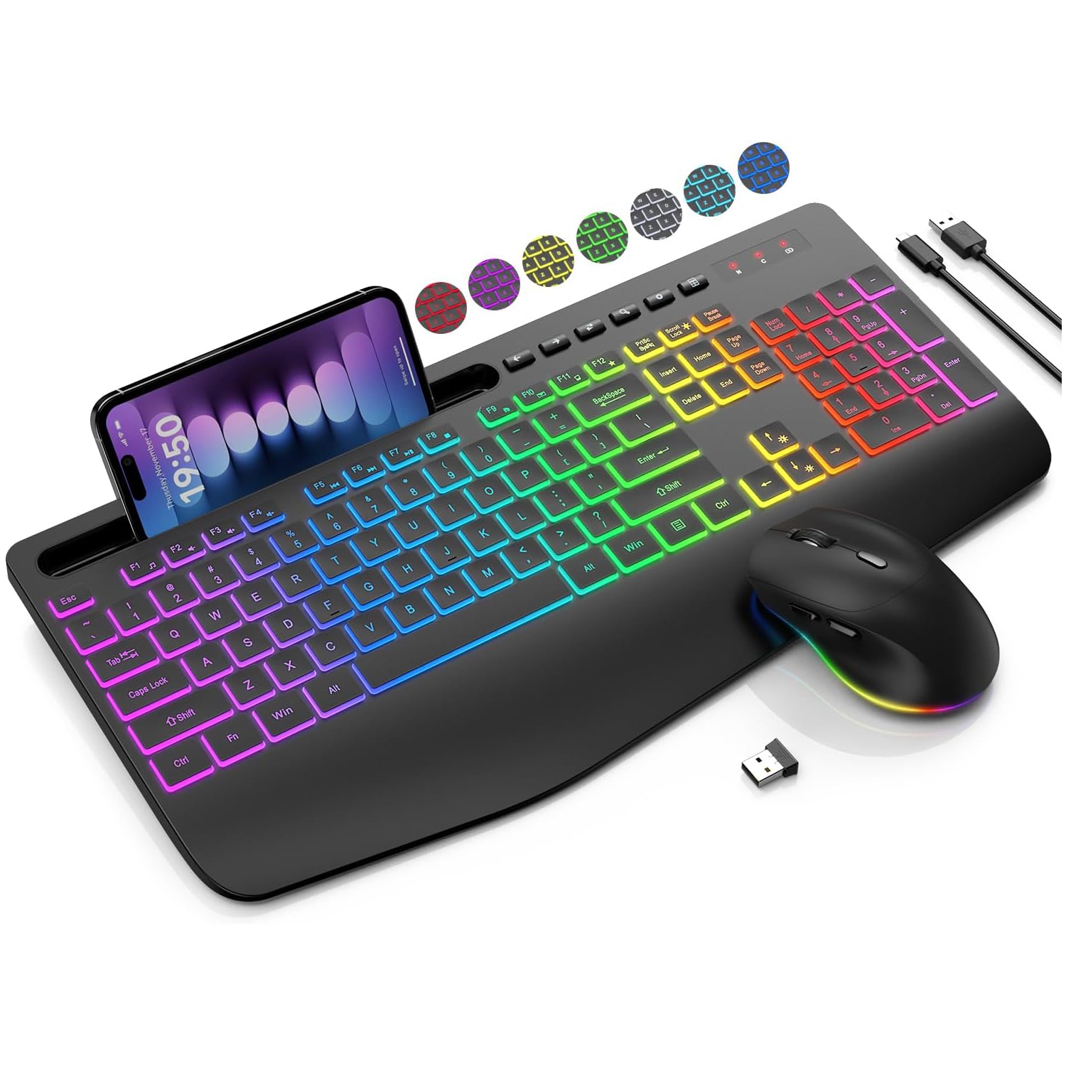 Wireless Keyboard and Mouse Combo, 9 Backlit Effects, Wrist Rest, Phone Holder, 2.4G Lag-Free Ergonomic Keyboards, Rechargeable Silent Cordless Set