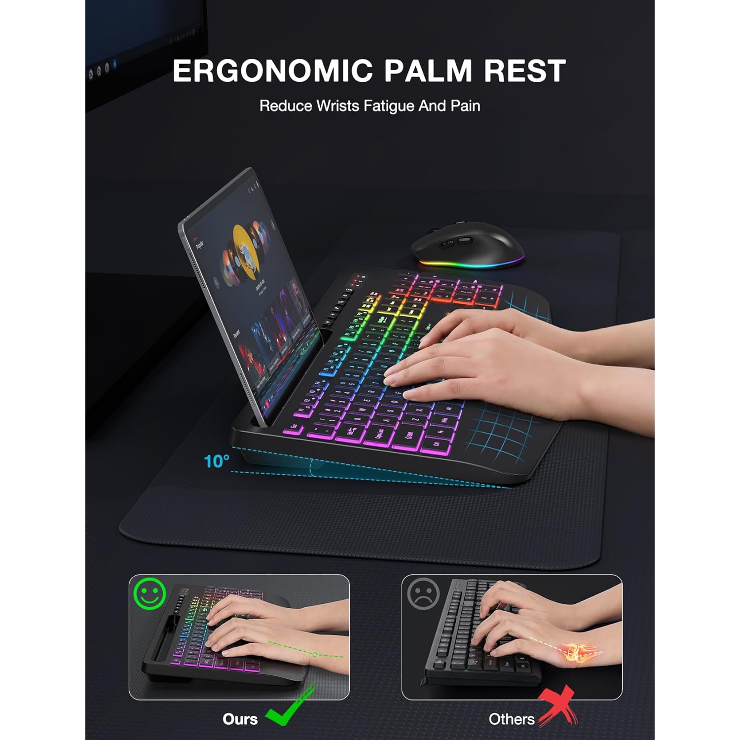 Wireless Keyboard and Mouse Combo, 9 Backlit Effects, Wrist Rest, Phone Holder, 2.4G Lag-Free Ergonomic Keyboards, Rechargeable Silent Cordless Set