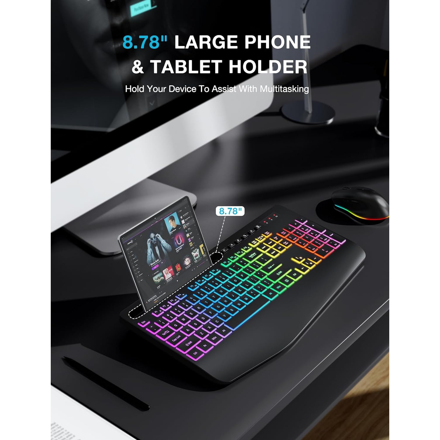 Wireless Keyboard and Mouse Combo, 9 Backlit Effects, Wrist Rest, Phone Holder, 2.4G Lag-Free Ergonomic Keyboards, Rechargeable Silent Cordless Set