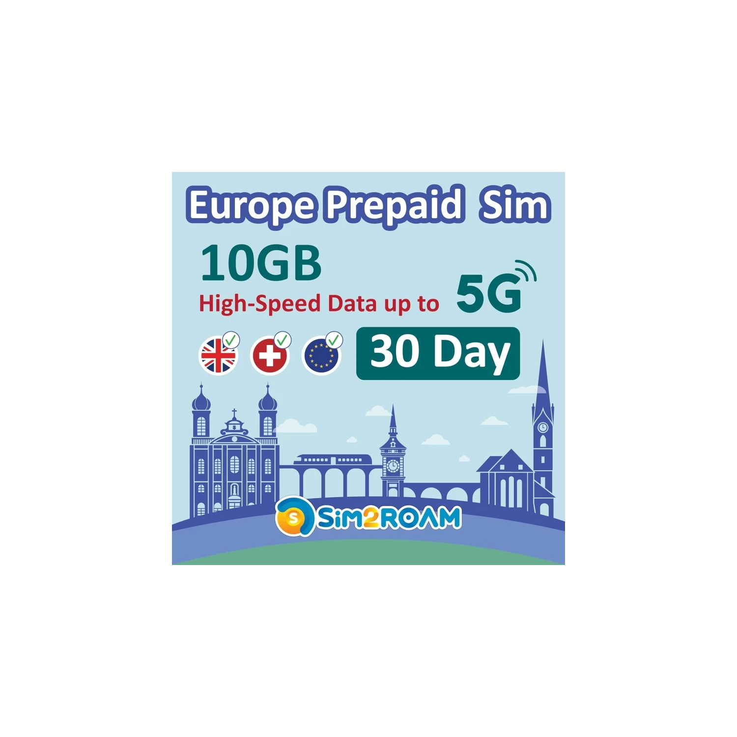 Europe Prepaid SIM Card - 30 Days, 10GB 5G/4G Data, Unlimited Calls & SMS, Use in UK, Switzerland & 30+ EU Countries, No Activation Needed