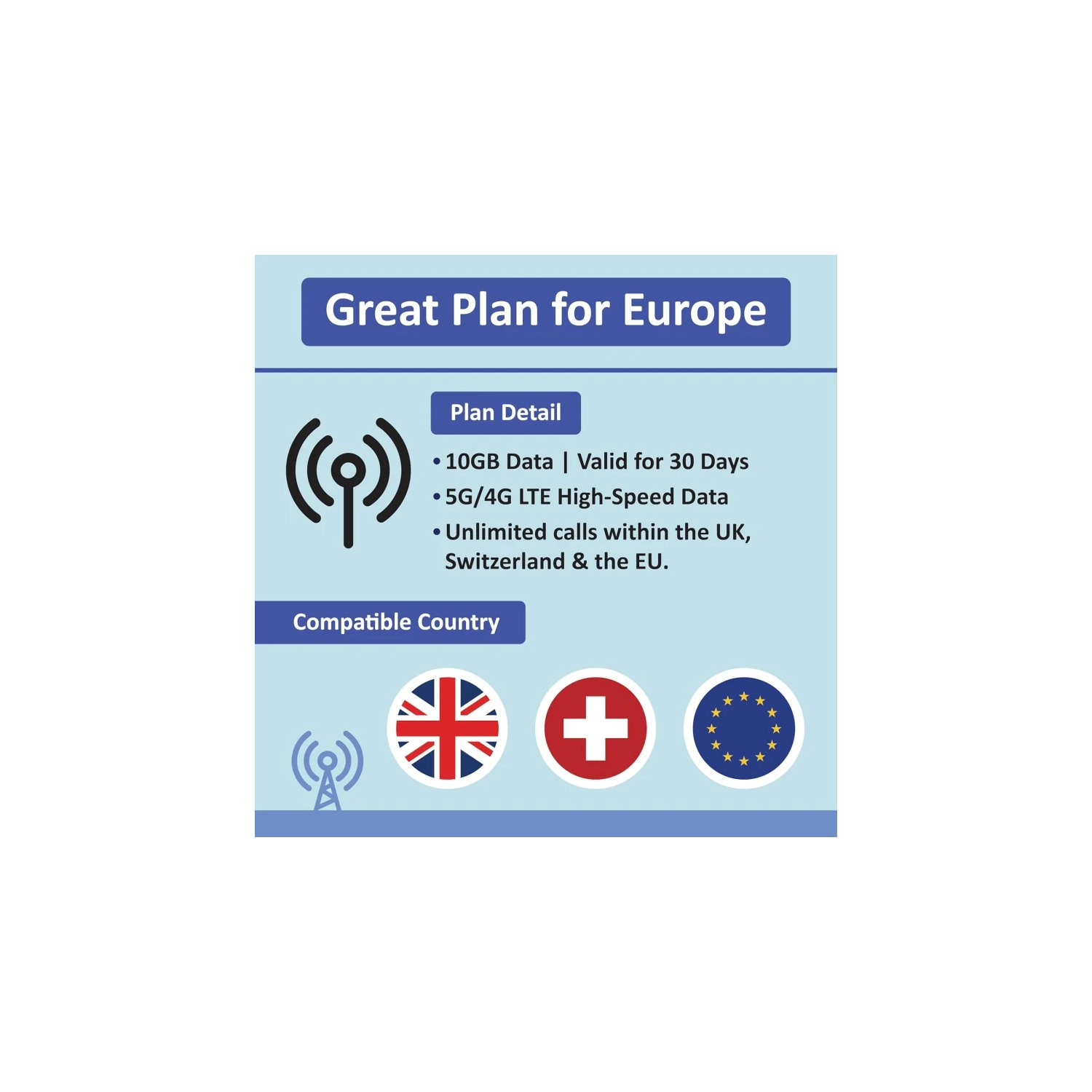 Carte SIM prépayée Europe - 30 jours, données 10&nbsp;Go 5G/4G, appels illimités & SMS, utilisation au Royaume-Uni, en Suisse et dans plus de 30 pays