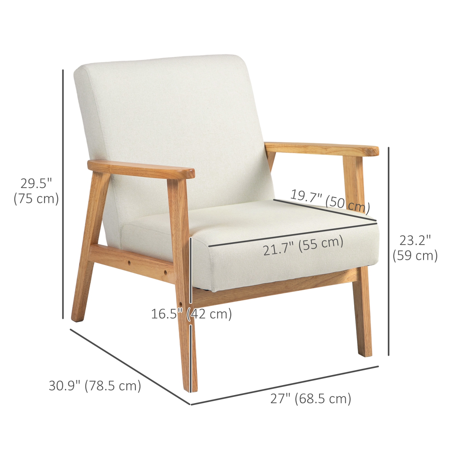 HOMCOM – Fauteuil d’appoint en tissu, fauteuil rembourré, fauteuil de salon moderne du milieu du siècle avec pattes en bois et coussin rembourré pour